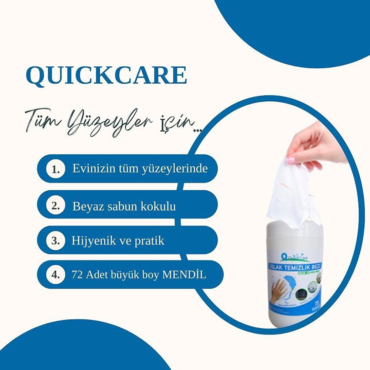 QUICKCARE Dezenfektanlı Yüzey Temizlik Havlusu 72 Yaprak, Kova Mendil Beyaz Sabun Kokulu