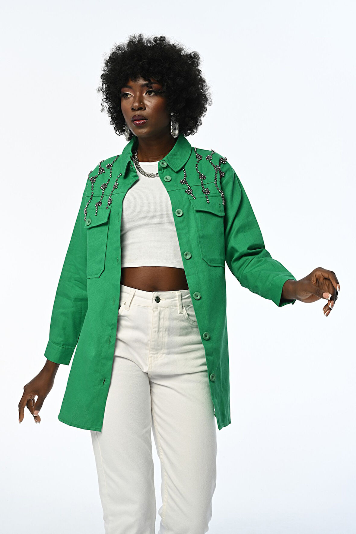 KADIN ROBASI TAŞ İŞLEMELİ DÜZ RENK GÖMLEK-CEKET