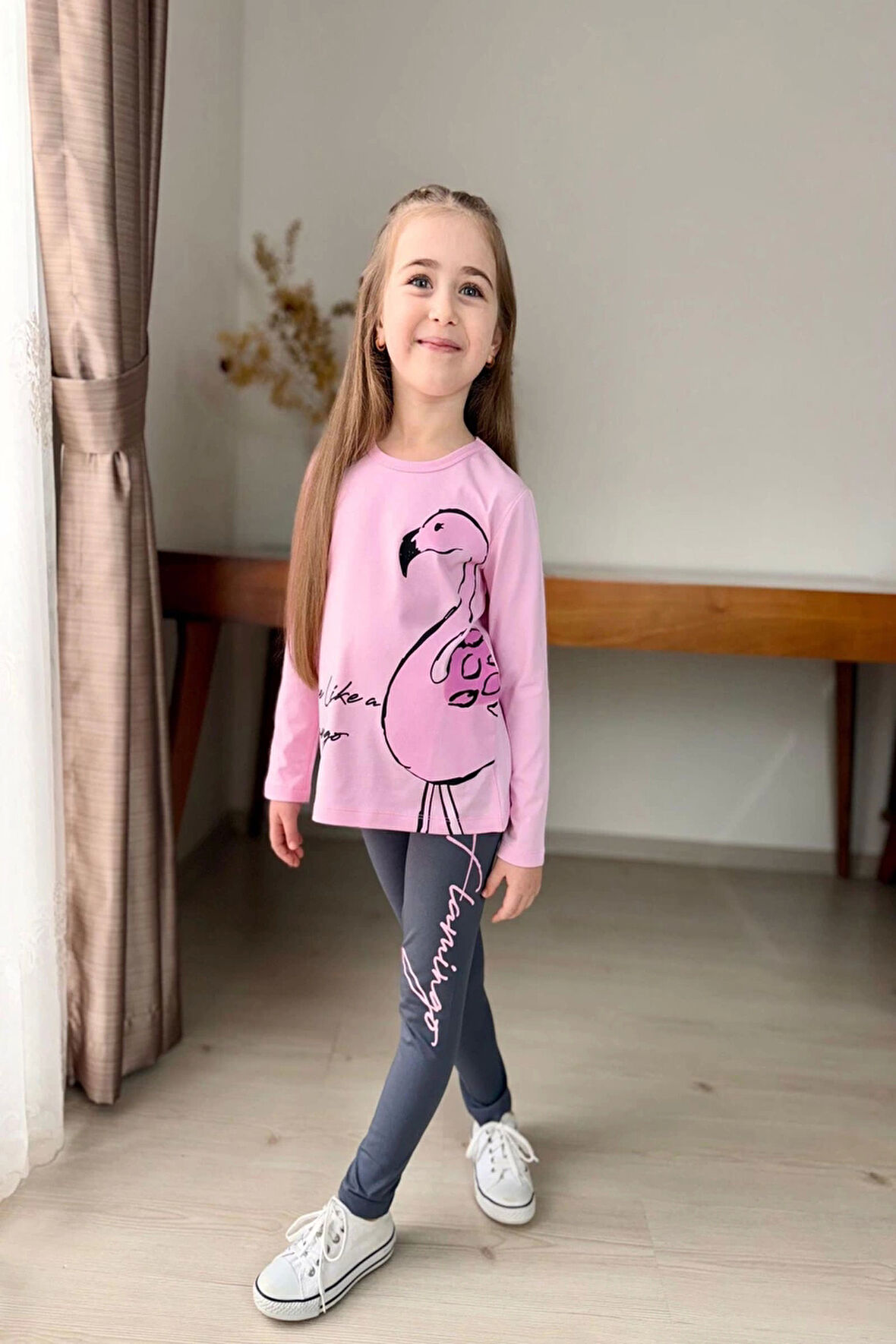 Flamingo Desenli Pembe Renk Kız Çocuk Taytlı Takım