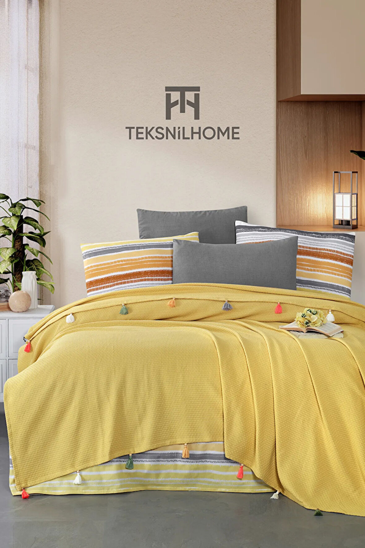 %100 Pamuklu Valeria Tassel Çift Kişilik Püsküllü Hardal Pike Takımı(ÇARŞAF,PİKE,YASTIK KILIFI)