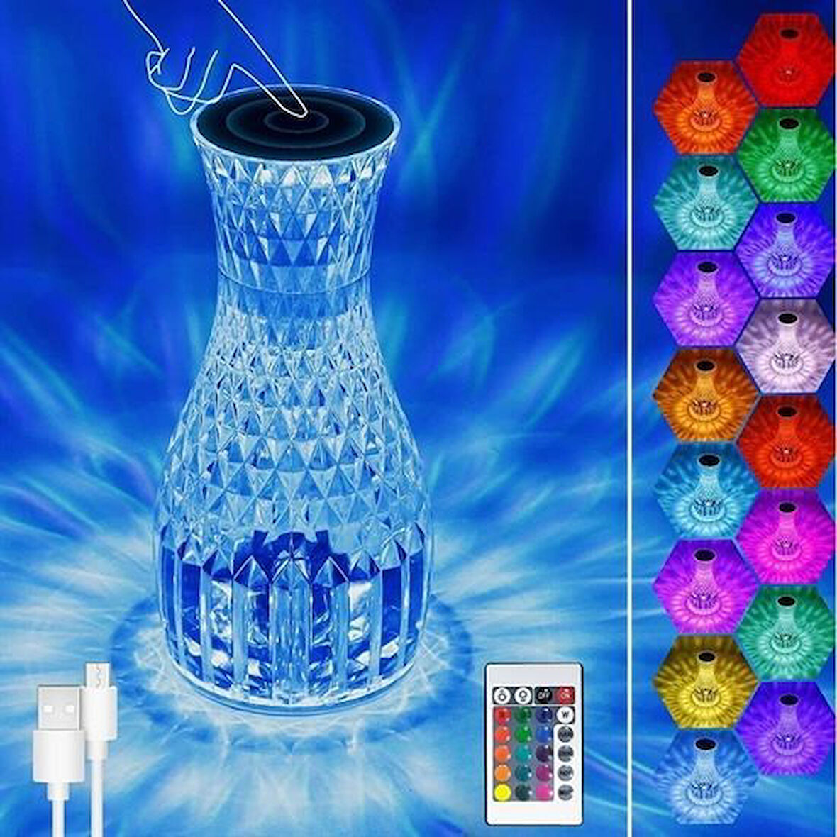 CT-STONES® Sürahi Model USB Şarjlı Kumandalı 16 Farklı Işık Modlu Masa Üstü Kristal Akrilik Lamba Led