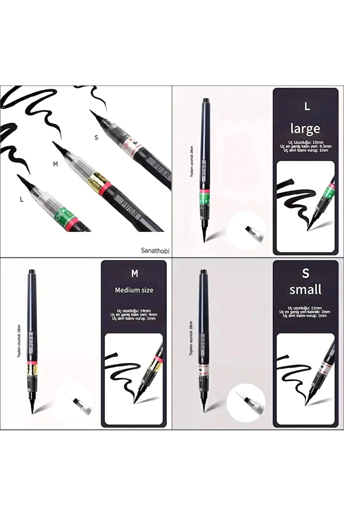 Brush pen, hazneli fırça uçlu kalem, çini, seramik, tahrir fırçası, çizim fırça, 3 Adet-S-M-L