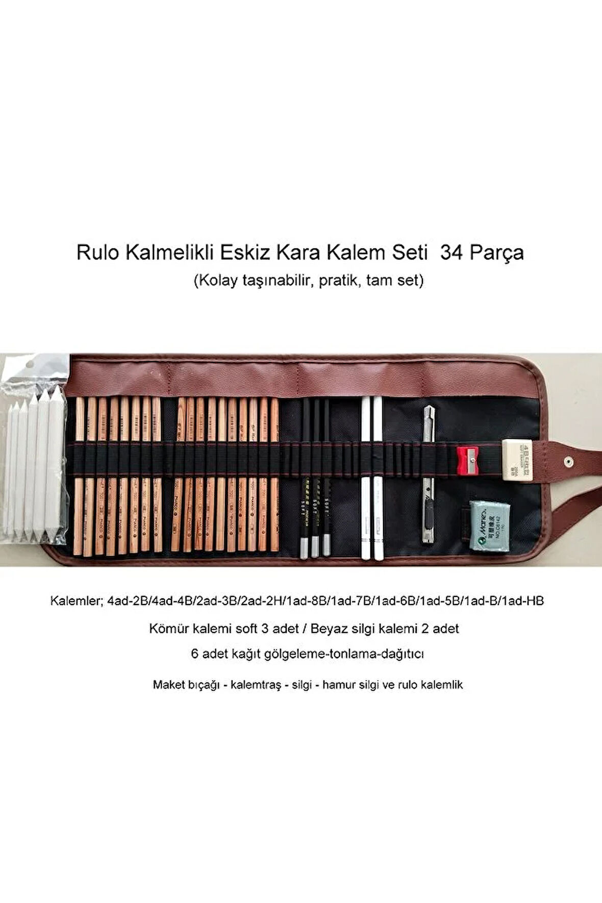 Kara kalem çizim seti, eskiz kalem seti, dereceli kalem set, tonlama-Rulo kalemlikli-34 Parça