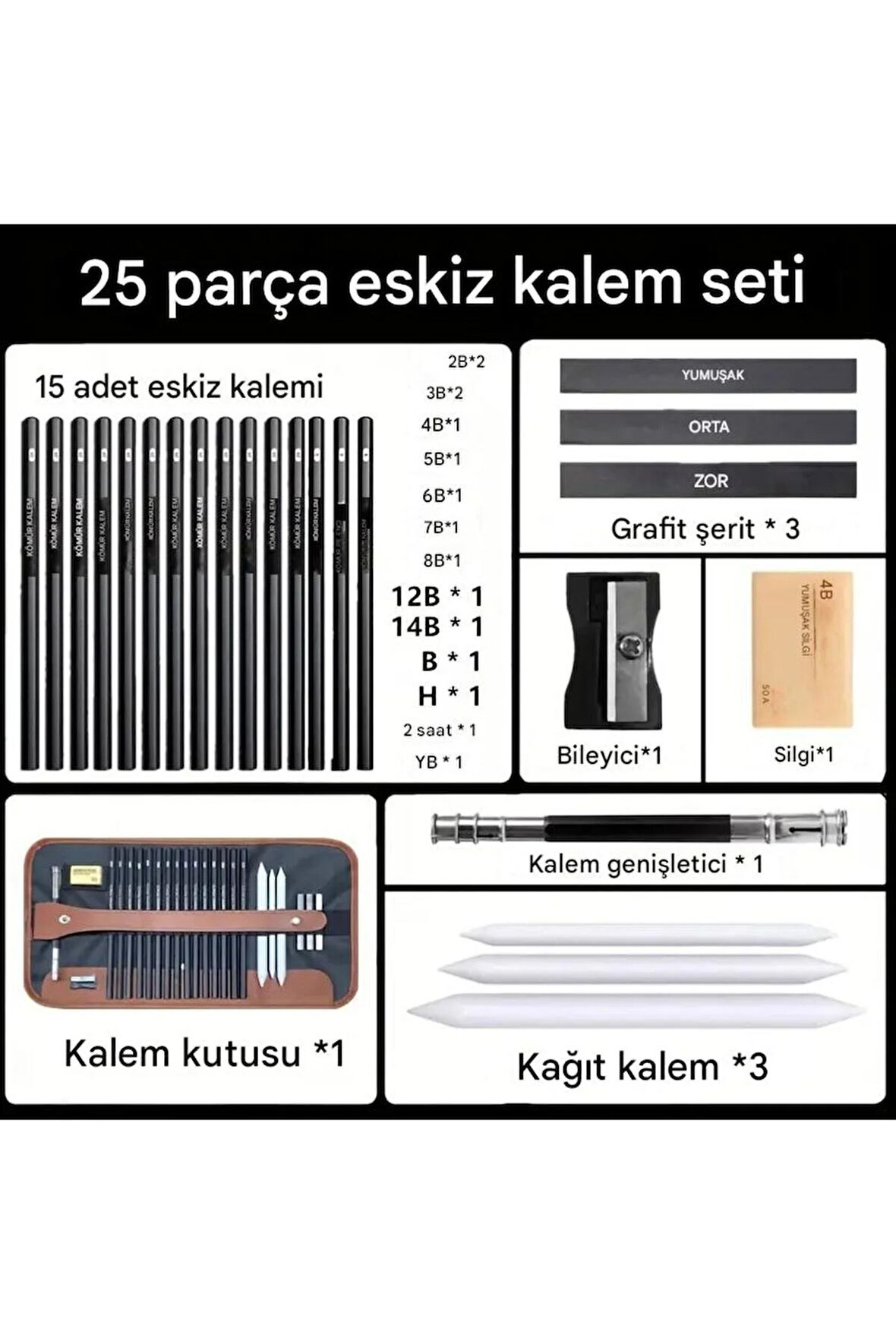 Kara kalem çizim seti, eskiz kalem seti, dereceli kalem set, kömür kalem, Kalemlikli-25 parça