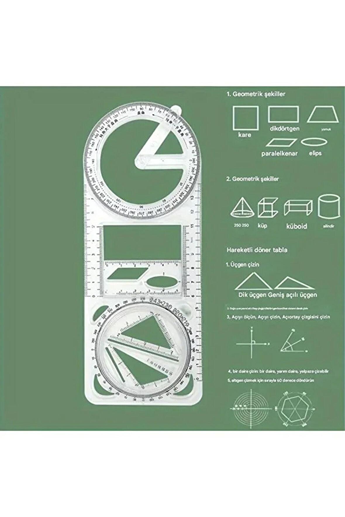 Dönebilen geometri cetvel, üçgen cetvel, çizim şablonu, çok fonksiyonlu cetvel seti-1Ad