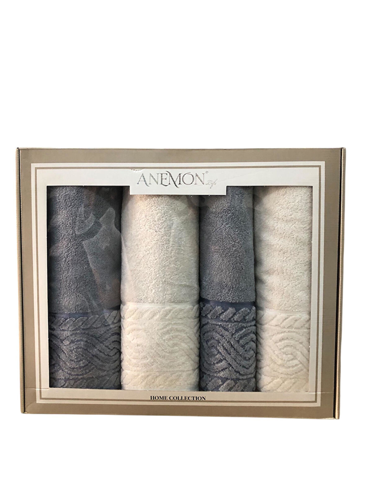 Anemon %100 Pamuklu Gri Krem 4 Parça Banyo Havlu Seti Çeyizlik Kutulu