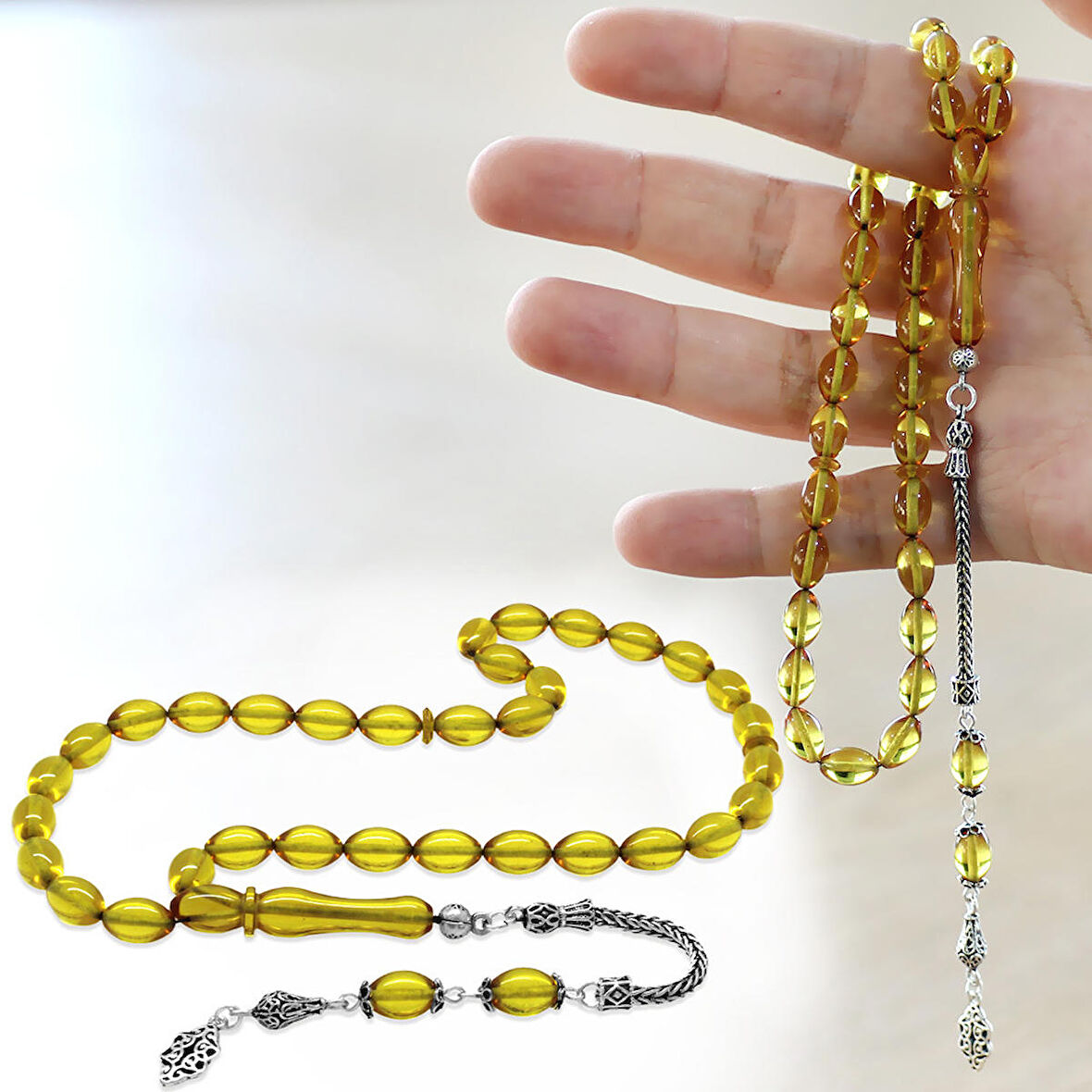 925 Ayar Gümüş Püsküllü Arpa Kesim Sarı Ateş Kehribar Tesbih