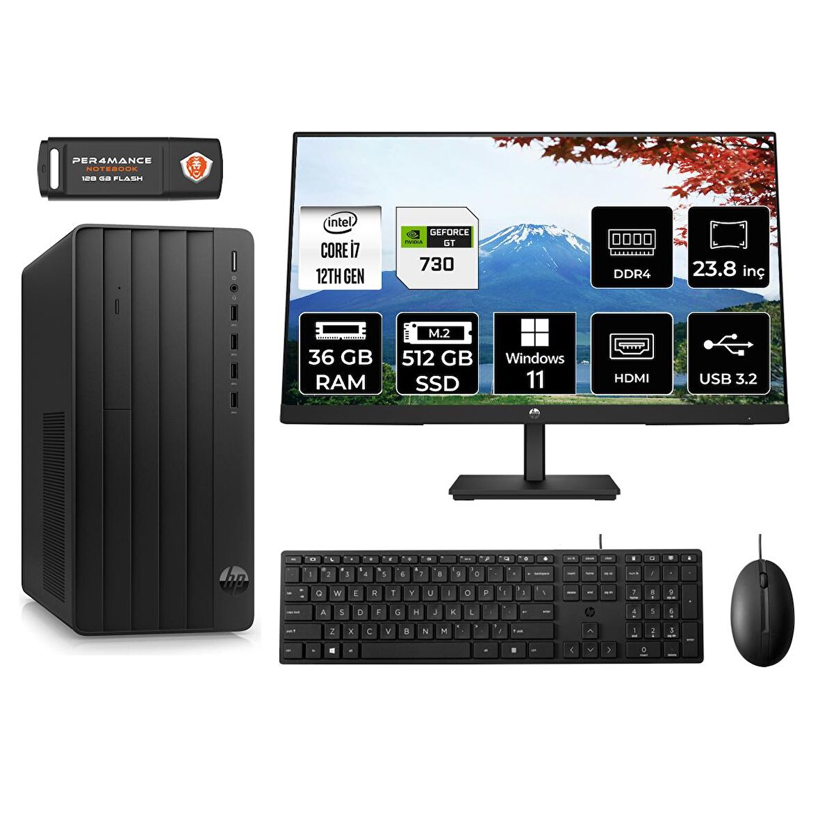 HP TOWER 290 G9 i7 12700 36GB RAM 512GB SSD GT730/4GB W11P 6D3A3EA MASAÜSTÜ PC & 23.8'' MONİTÖR