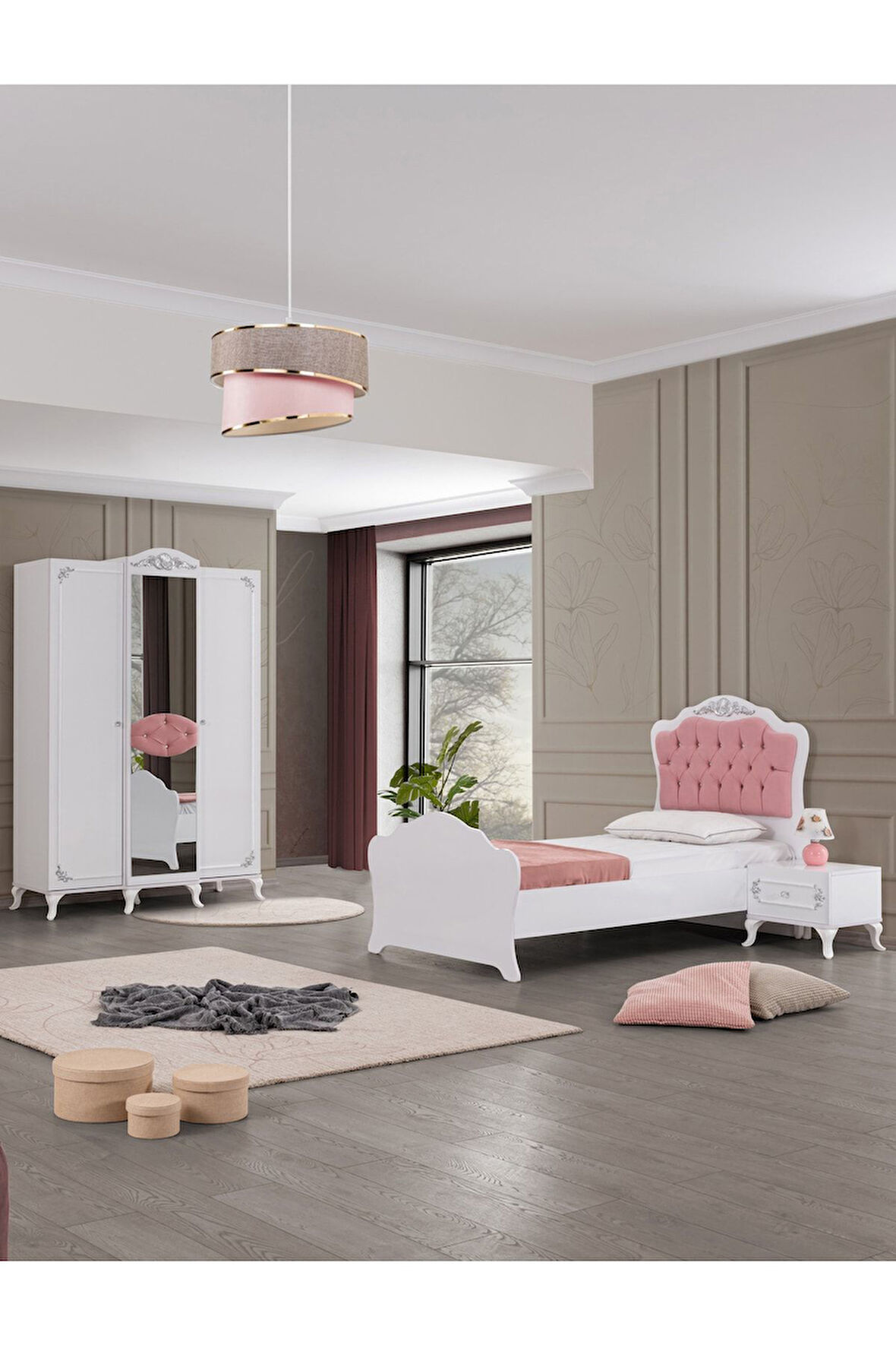 İnci Gümüş Genç Odası - 3 Kapılı Dolap, Karyola, Komodin