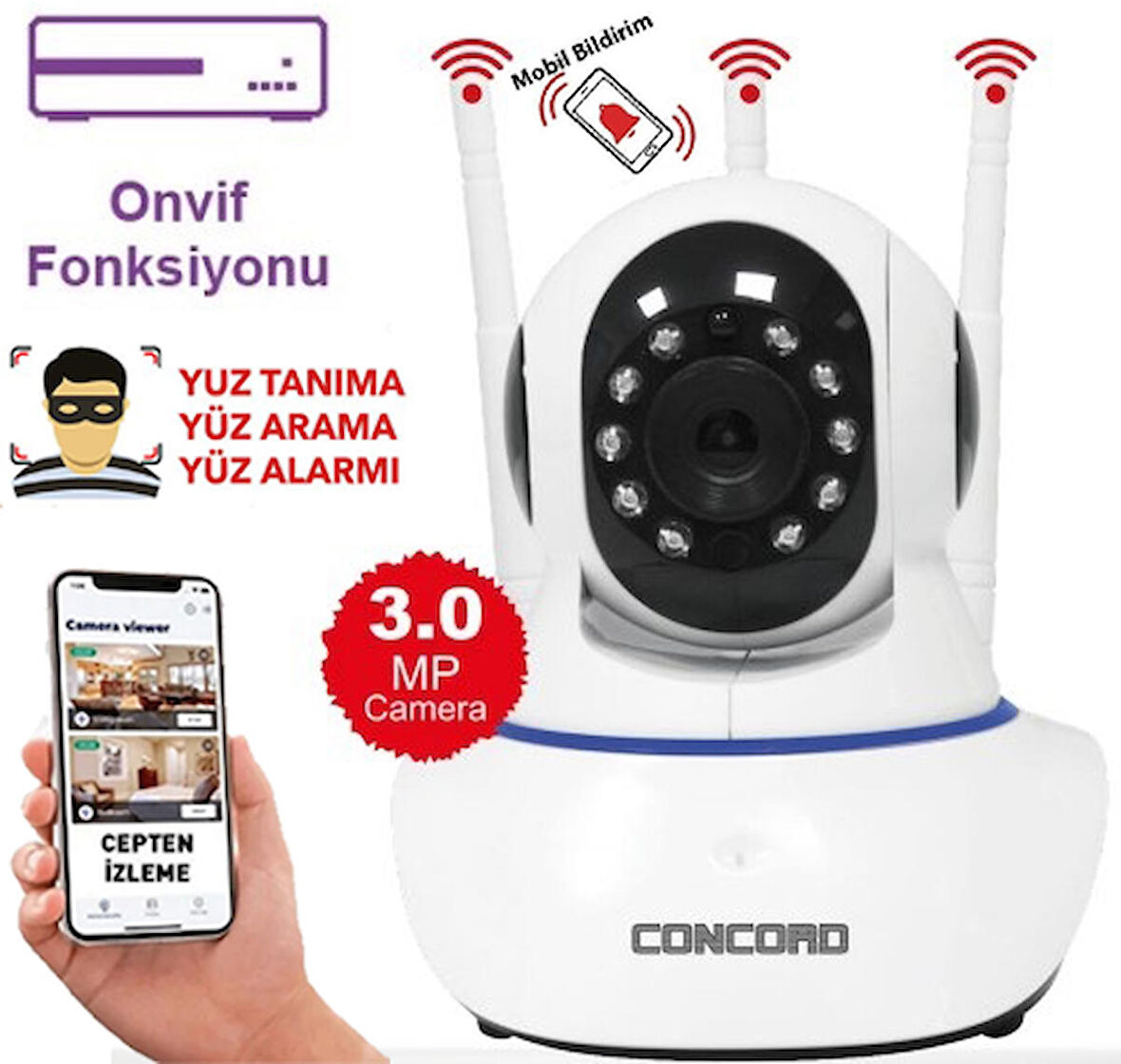 Concord C-630 3.0MP 360 Wi-Fi IP Kamera Türkçe Uygulamalı Bebek Kamerası Android iOS