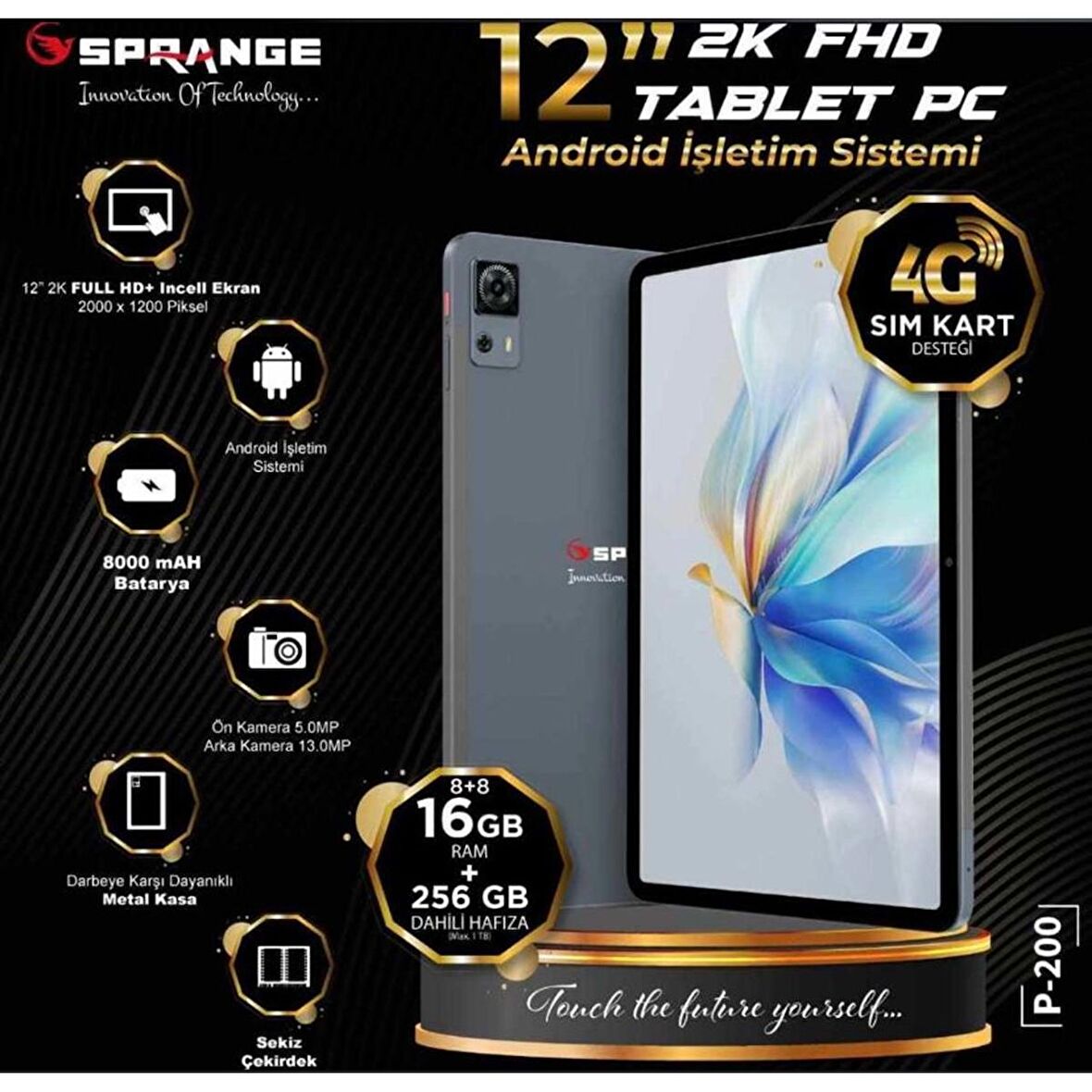 DTS Teknoloji VASOUN-P-200 12" İnç 2K Ekran 8+8gb 256gb Dahili Hafıza 4,5G Sim Kart PC Tablet