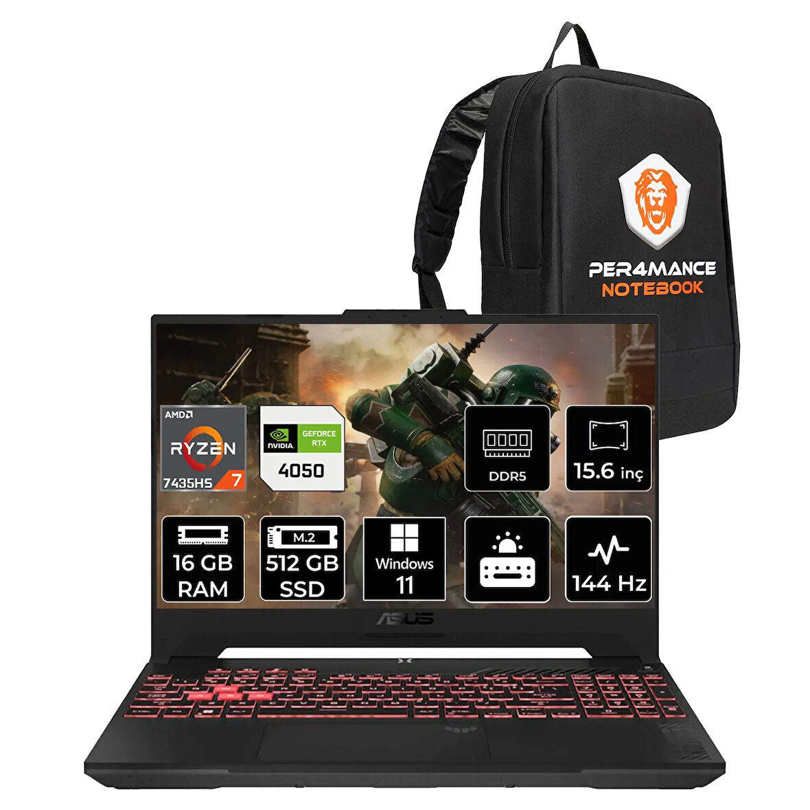 Asus TUF Gaming A15 R7 7435HS 16GB 512GB SSD RTX4050/6GB 140W 15.6" FHD 144Hz W11P Laptop FA507NUR