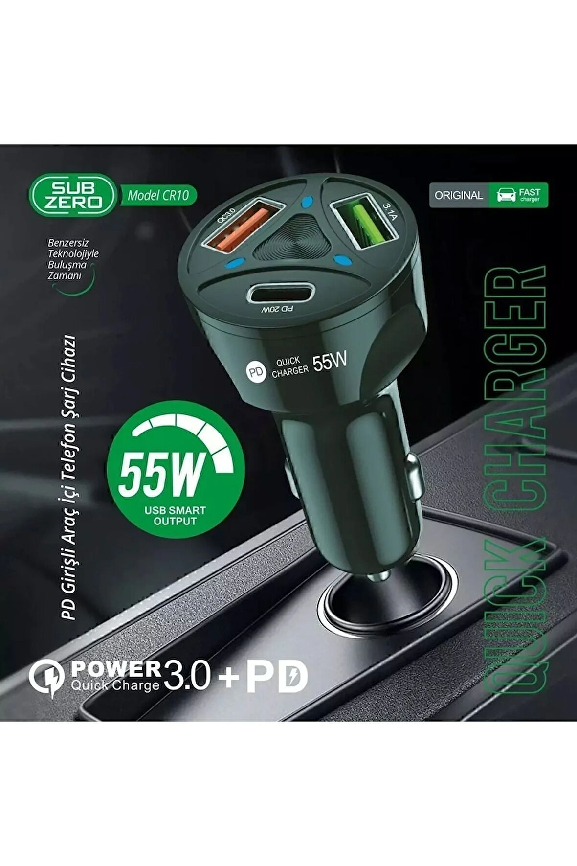 Subzero Cr10 3 Çıkışlı Çakmaklık Şarj Seti kafası Usb Type-c Car Charger 55w 3.0a Hızlı Şarj Pd/qc