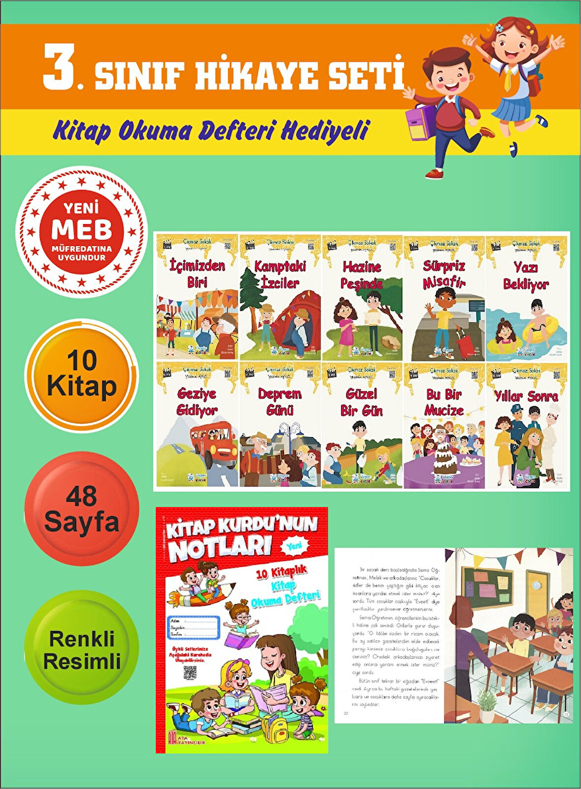 3.Sınıflar İçin Okumayı Sevdiren 10 lu Hikaye Seti 2 (Kitap Okuma Defteri Hediyeli)