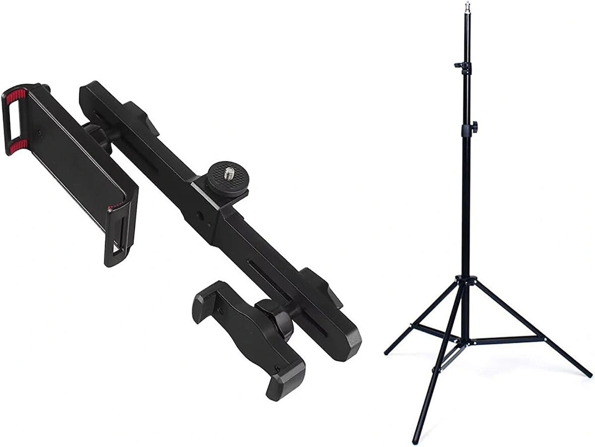 Microcase 2in1 Çift Başlıklı Ayarlanabilir 1 Telefon 1 Tablet Tutucu + 2.1 MT Tripod - SİYAH  AL5063