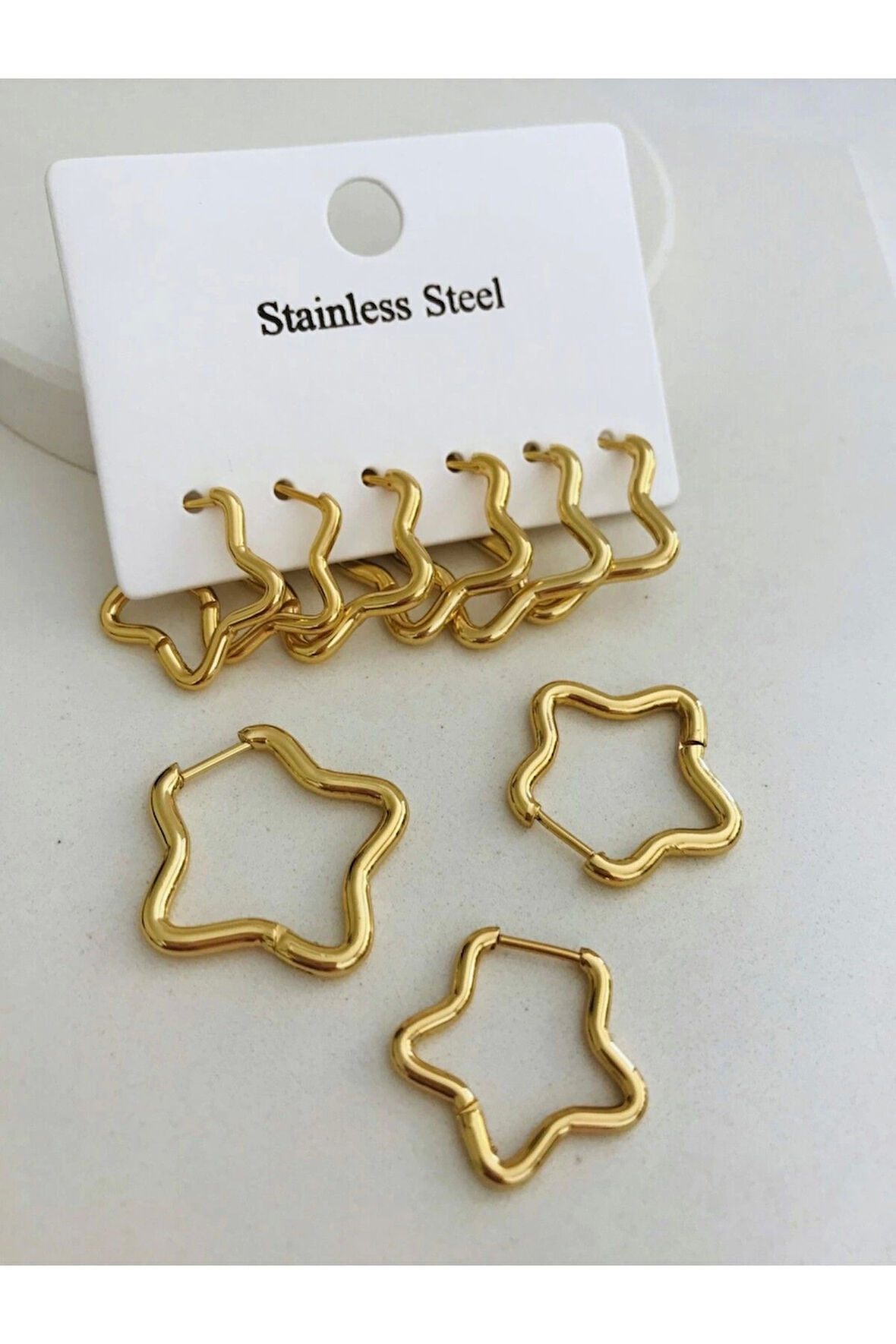 Çelik Yıldız Model 6'lı Set Küpe 2.5cm 2 cm 1.7 cm