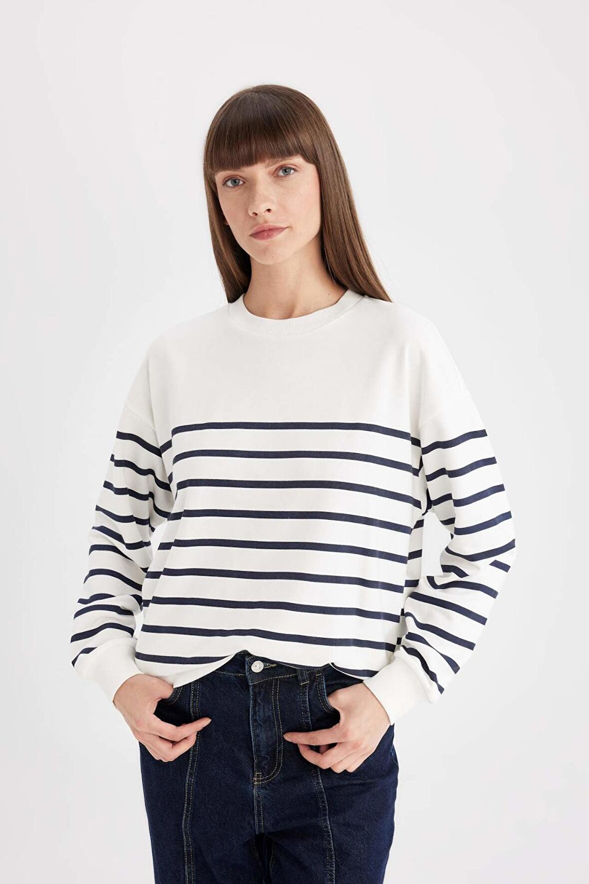 DeFacto Relax Fit Bisiklet Yaka Çizgili İnce Sweatshirt A9255AX24WNER105