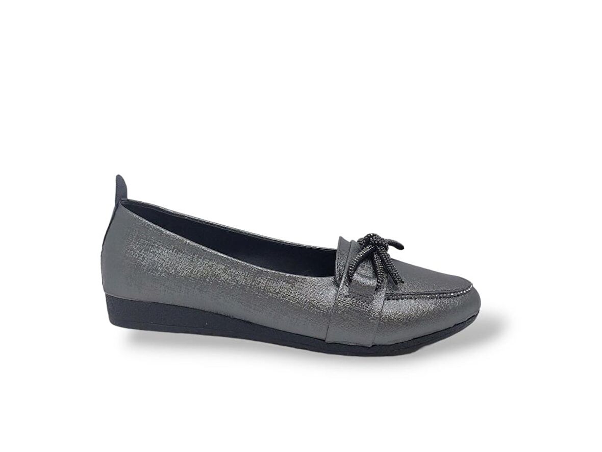 Zerhan 3042 Kadın Platin Taşlı Fiyonklu Pırıltılı Babet Ayakkabı