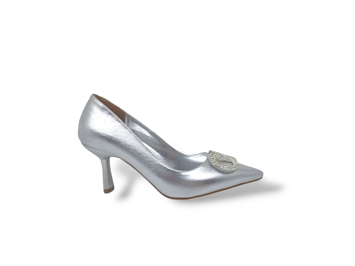 Zerhan 2103 Kadın Gri Taşlı Tokalı Topuk Ayakkabı