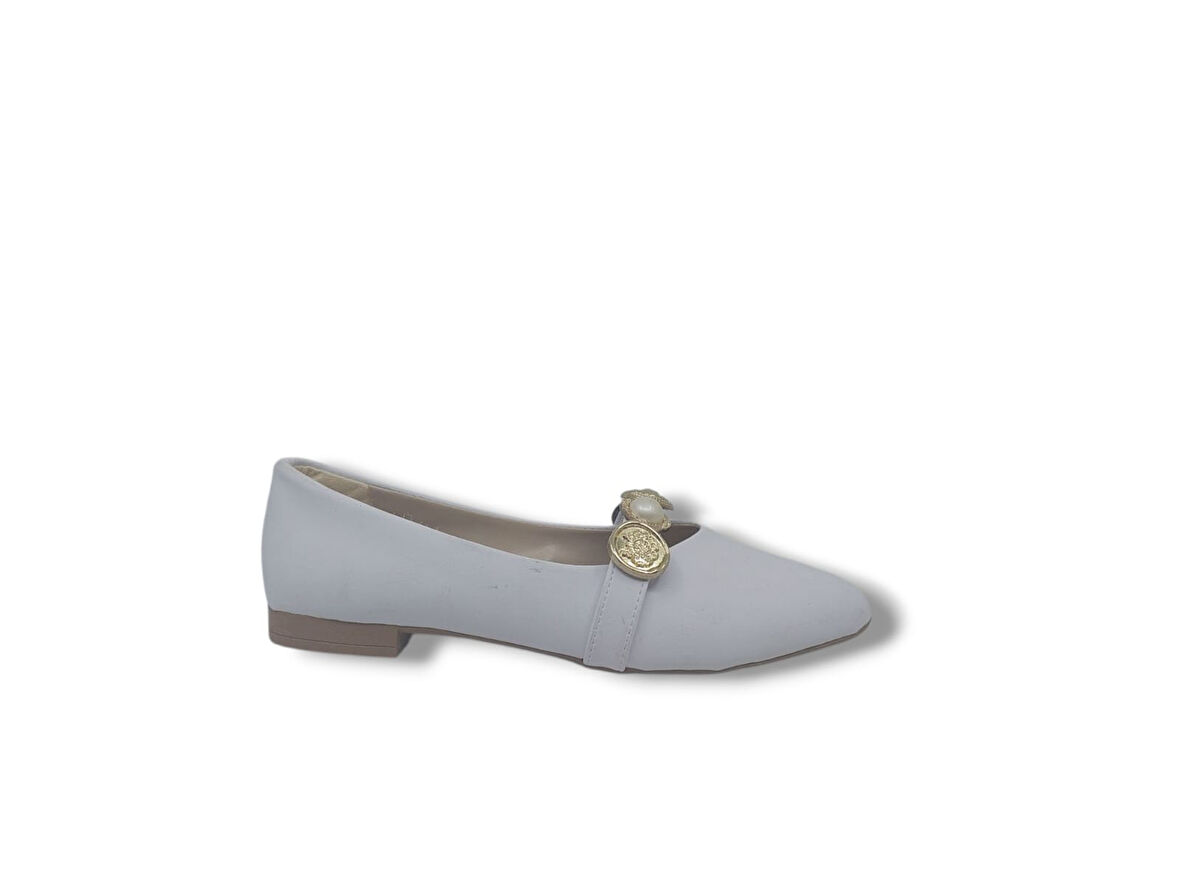 Zerhan BK06 Kadın Beyaz İncili Rozetli Babet Ayakkabı