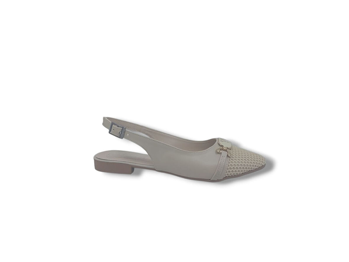 Zerhan 250 Kadın Krem Tokalı Baskı Desenli Arkası Açık Babet Ayakkabı