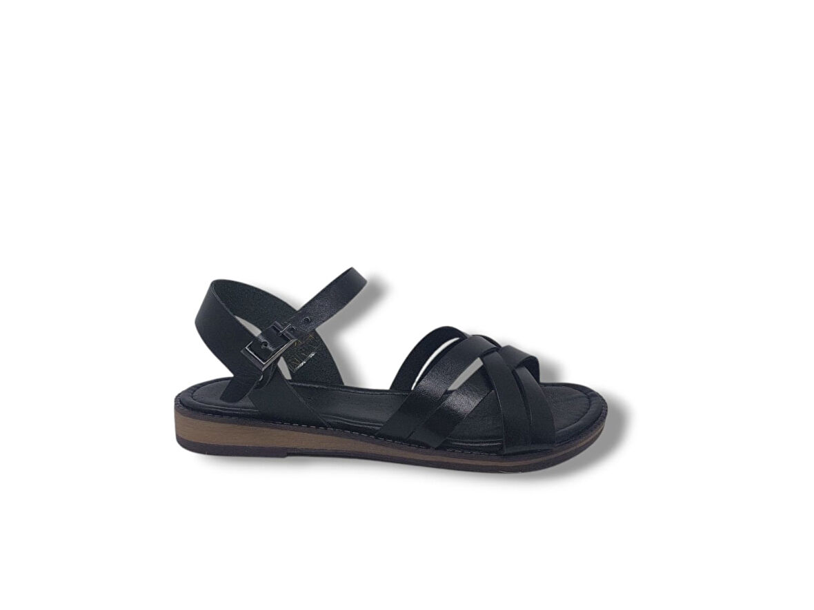 Clavi 4011 Kadın Siyah Hakiki Deri Çapraz Bant Sandalet Ayakkabı