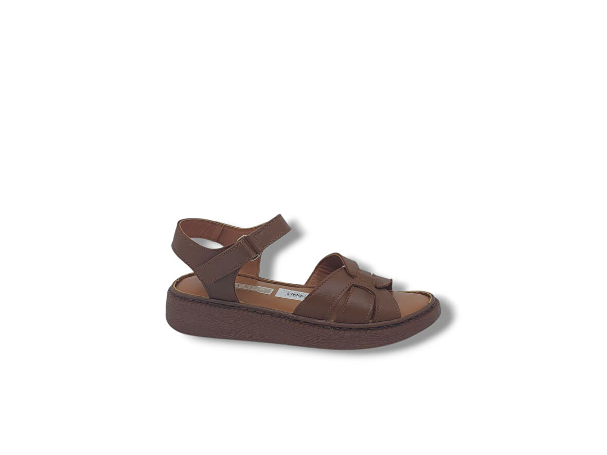 Zerhan 201 Kadın Taba Cırtlı Hakiki Deri Yumuşak Taban Comfort Sandalet Ayakkabı