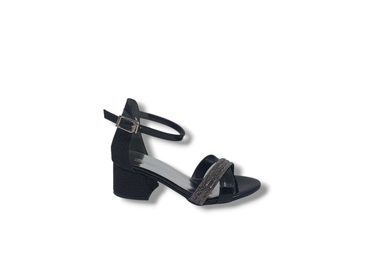 Zerhan 170 Kız Çocuk Siyah Taşlı Bantlı Topuklu Ayakkabı