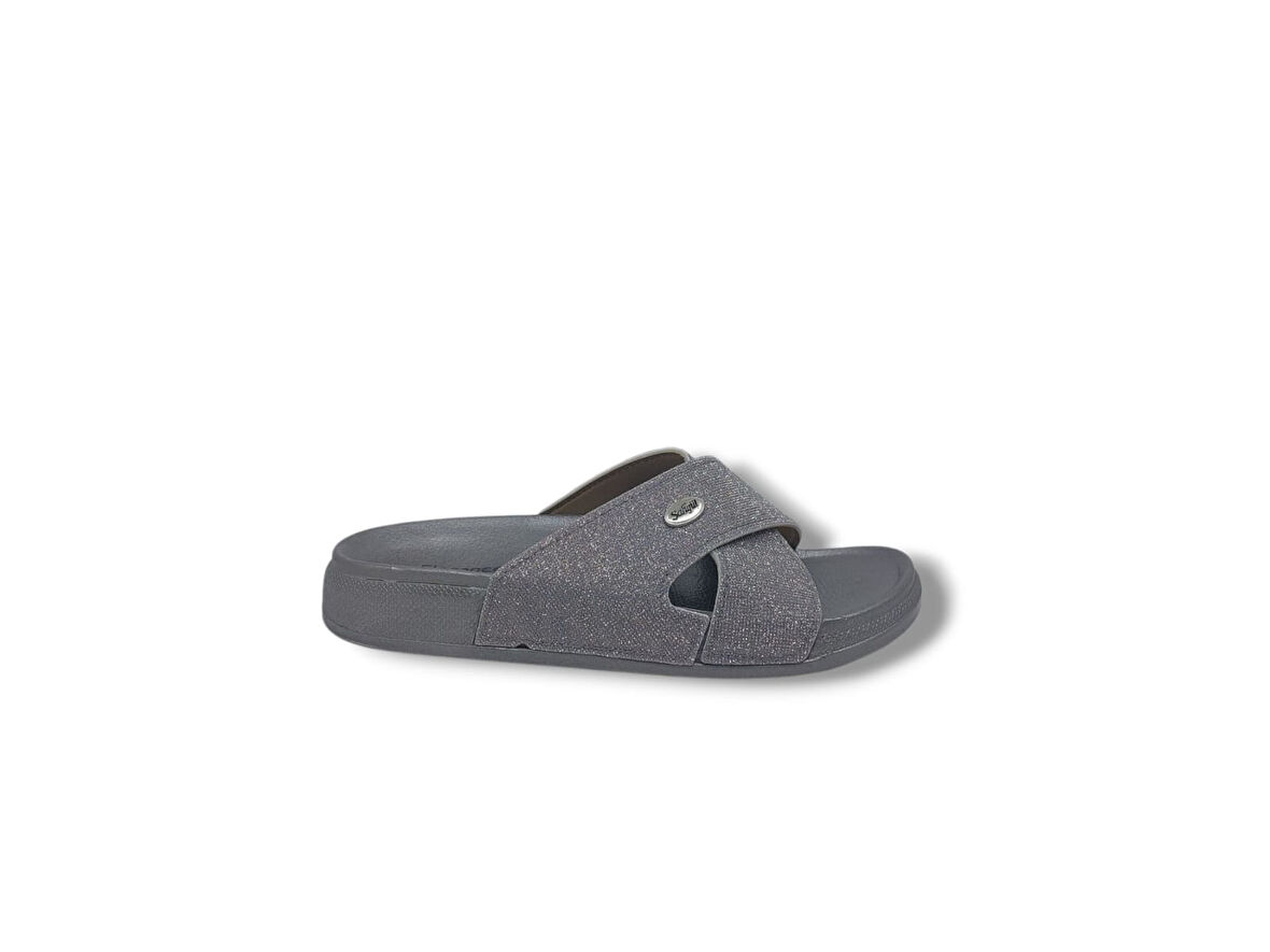 Elegance 25 Kadın Gri Pırıltılı Çapraz Bantlı Günlük Kullanım Terlik