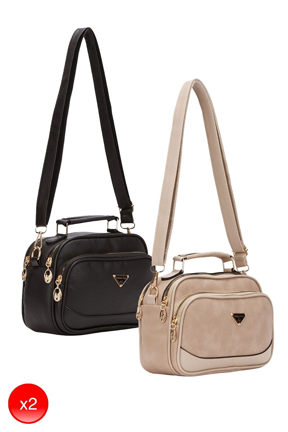 Kadın Günlük Çapraz Askılı Üç Bölmeli Raven Deri Siyah ve Vizon El ve Omuz Çantası 2 Adet Çanta