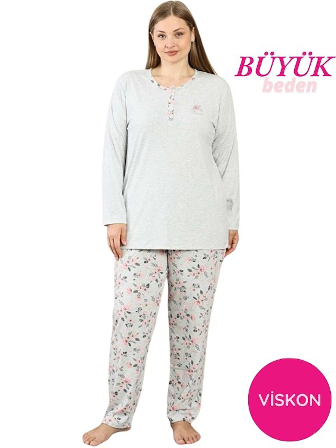 Alimer Kadın Büyük Beden Gri Çiçek Desen 3 Düğmeli Mevsimlik Uzun Kol Pijama Takımı
