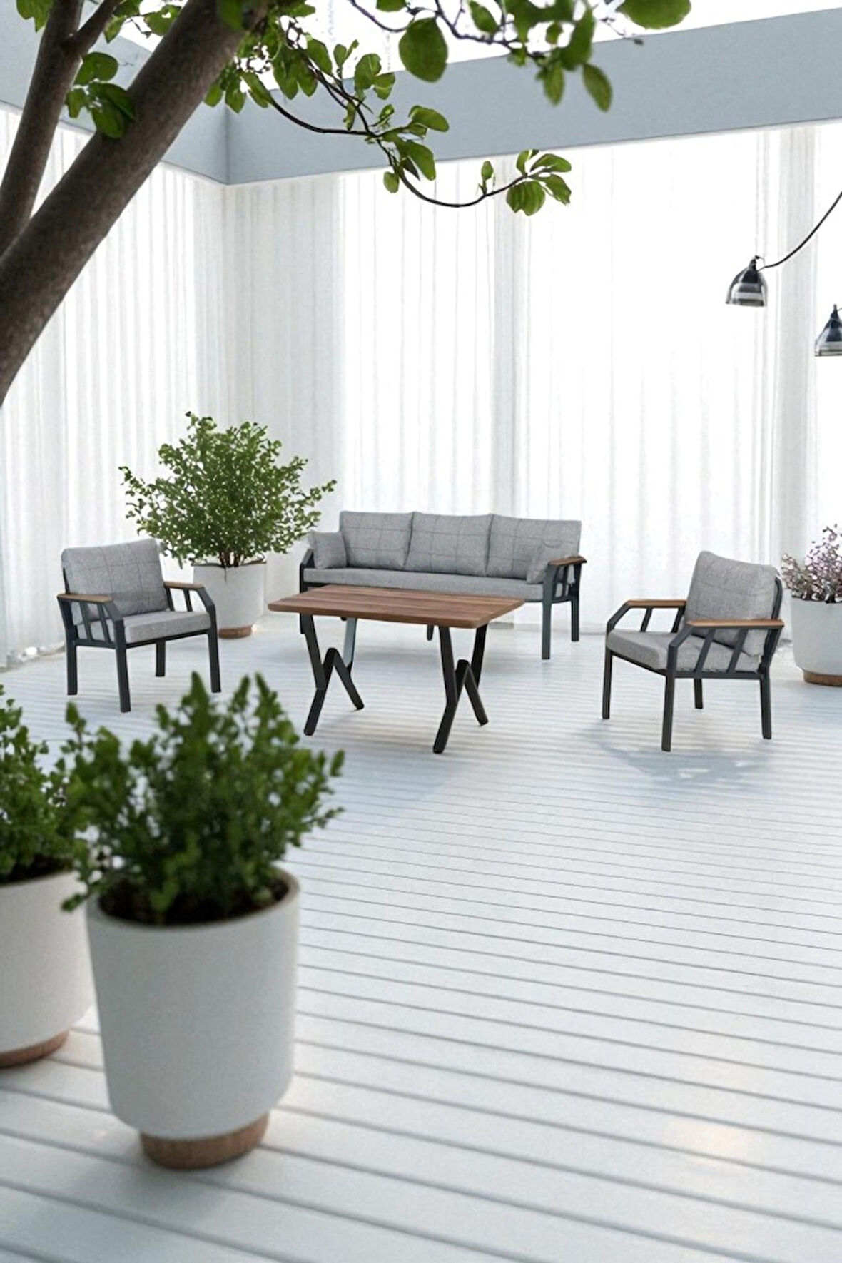 Arel Elite 3+1+1 Gri Balkon & Bahçe Oturma Grubu – Metal Gövde, Ahşap Kollu, Keten Kumaş Minderli Ma
