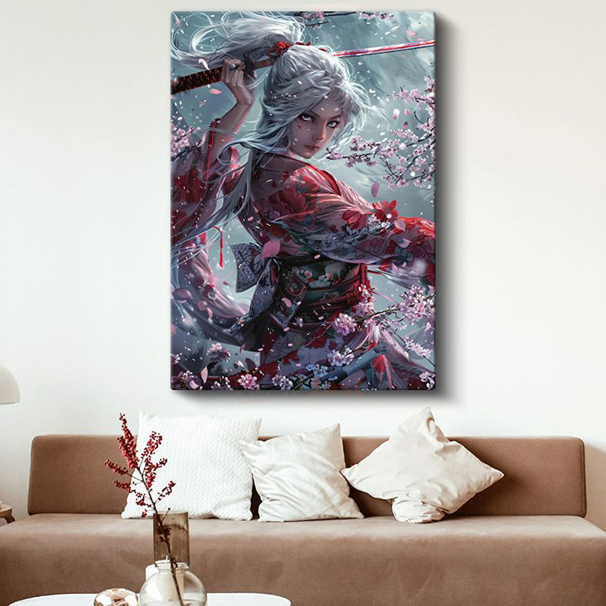 Kiraz Çiçekleri - Samuray Kız Portresi Anime Kanvas Tablo