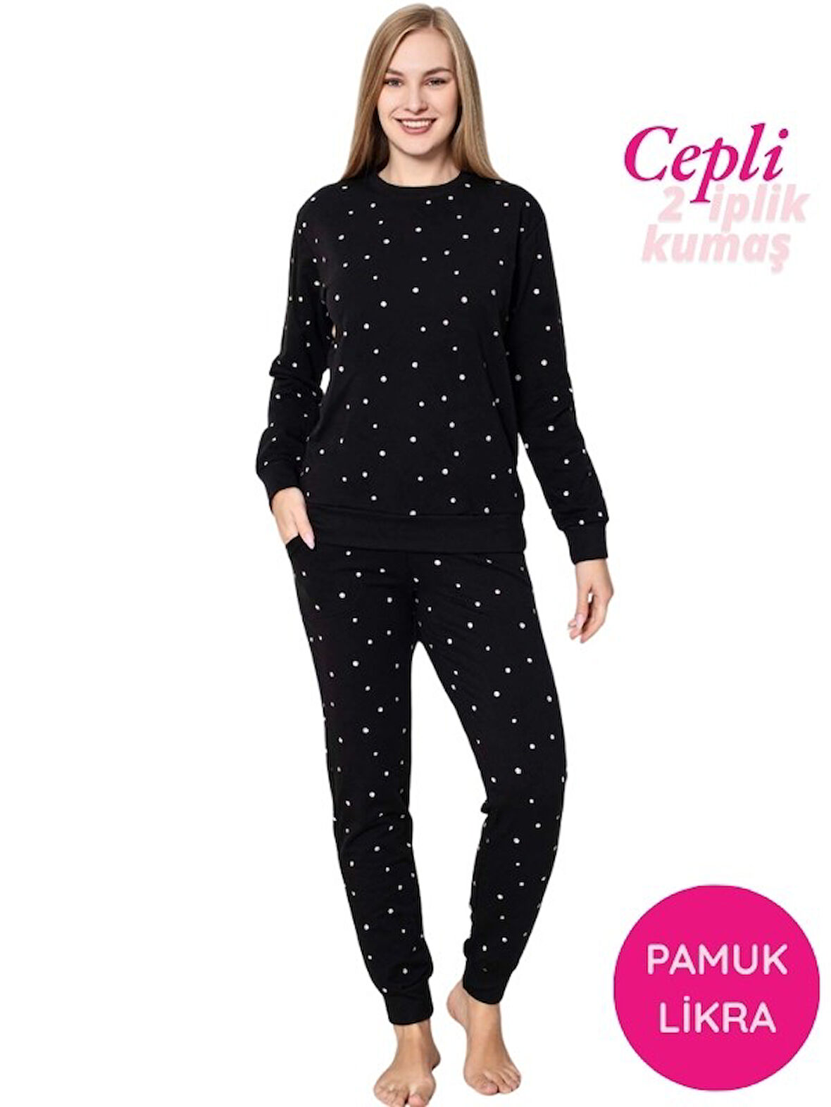 Kadın Bisiklet Yaka Düğmesiz Bilek Manşet/Lastikli 2 İplik Cepli Kışlık Jogger Eşofman Pijama Takımı