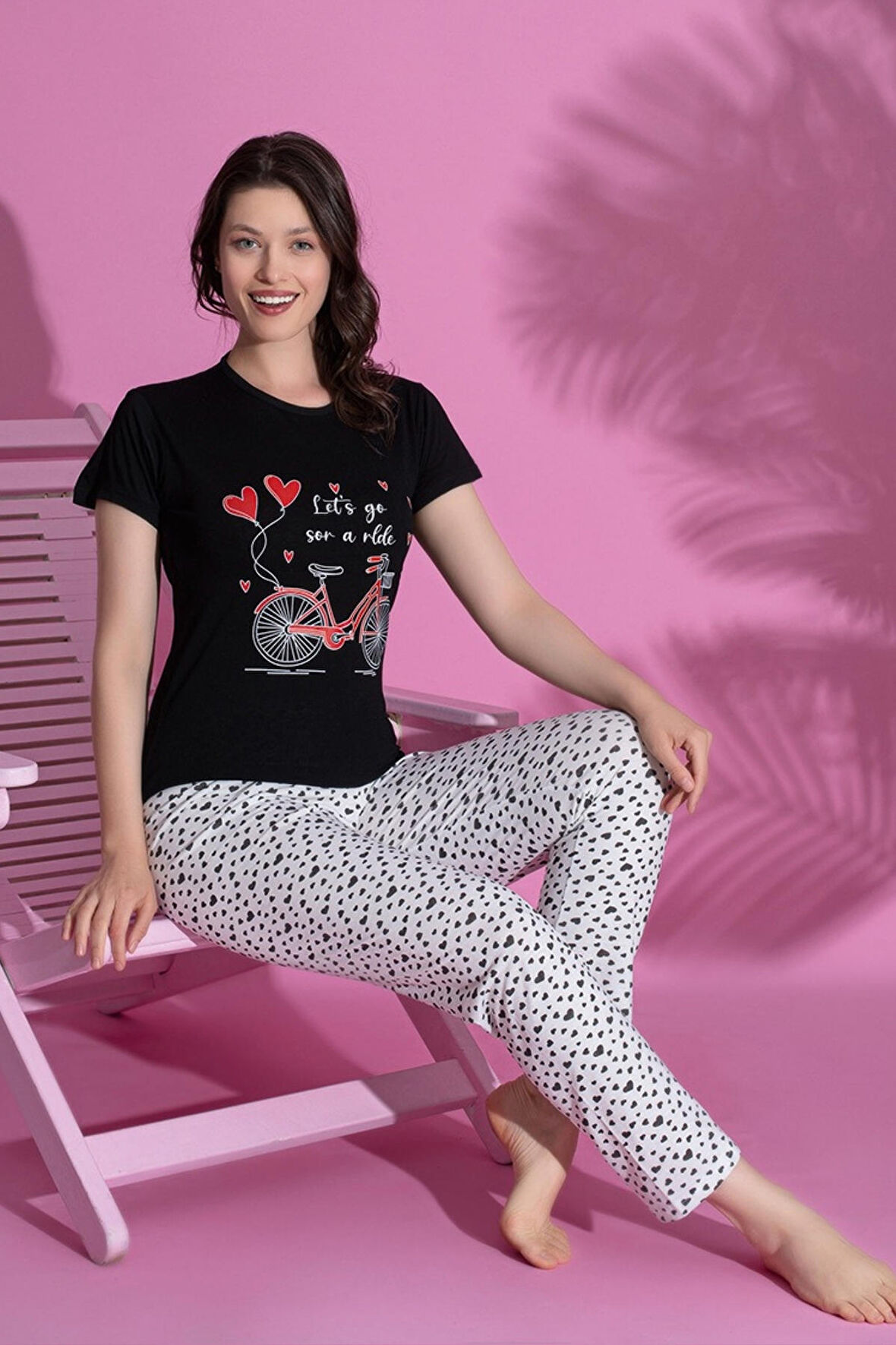 Dreamy Pamuklu Kalp Desenli Kısa Kollu Kadın Pijama Takımı