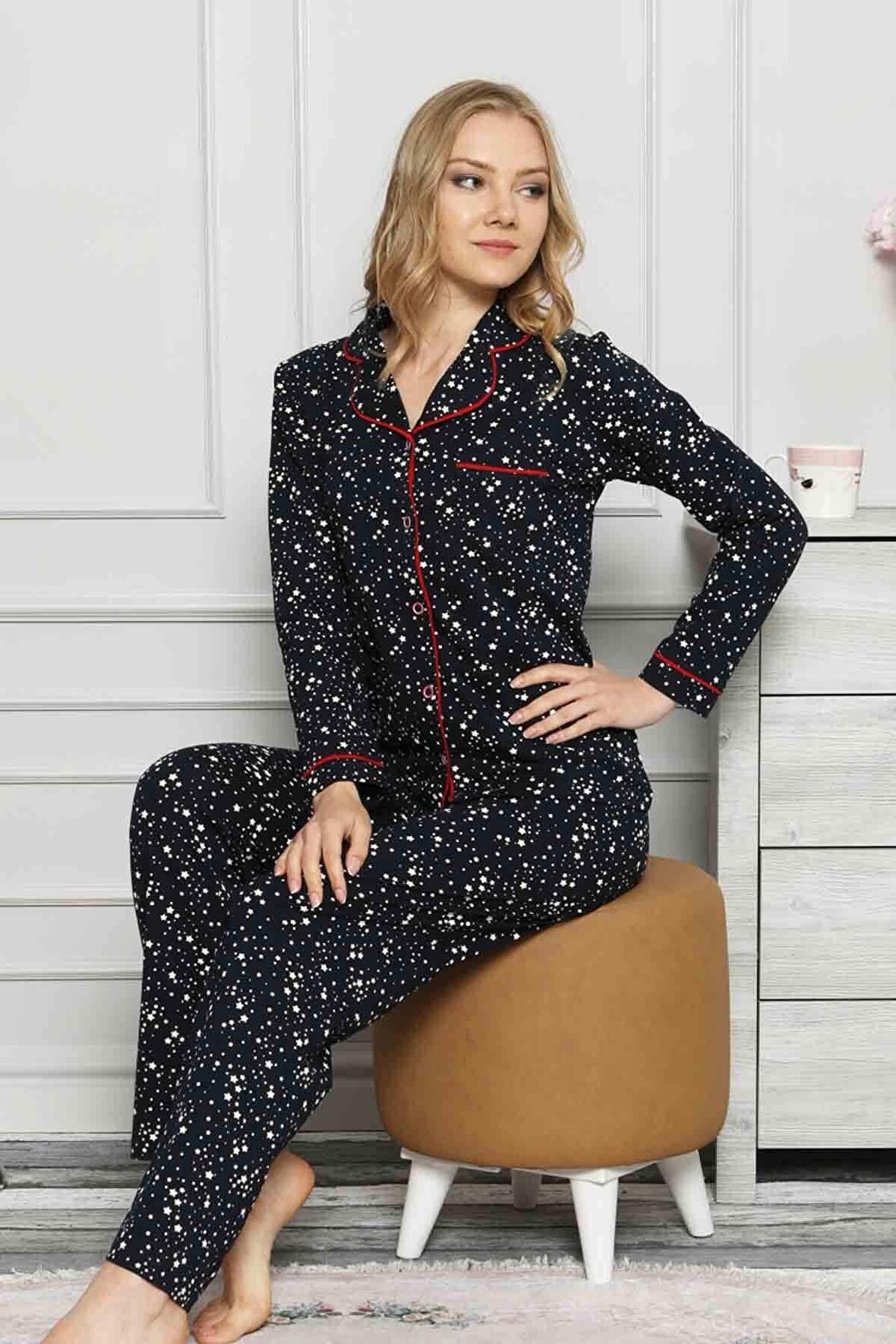 Dreamy Yıldız Desenli Biyeli Gömlek Pijama Takımı