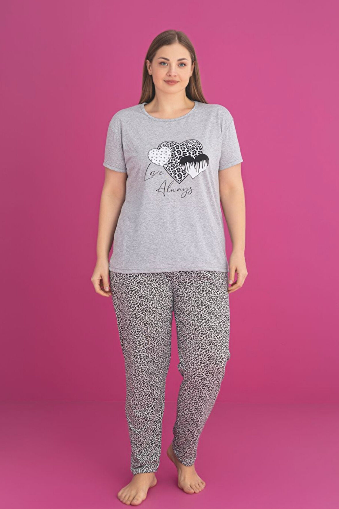 X-Dreamy Büyük Beden Pamuklu Leopar Desenli Kısa Kollu Pijama Takımı