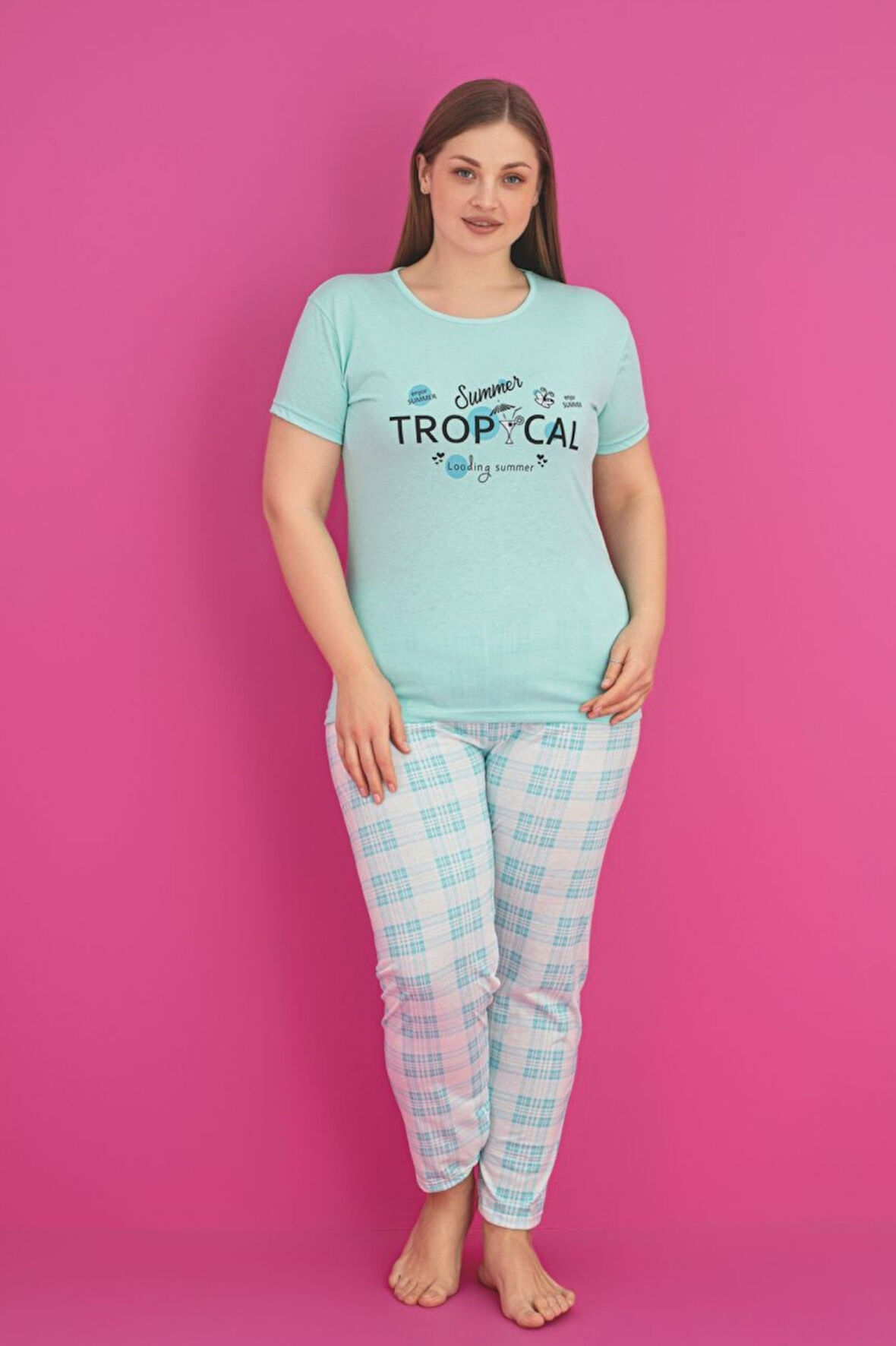 X-Dreamy Büyük Beden Pamuklu Ekose Kareli Kısa Kollu Pijama Takımı
