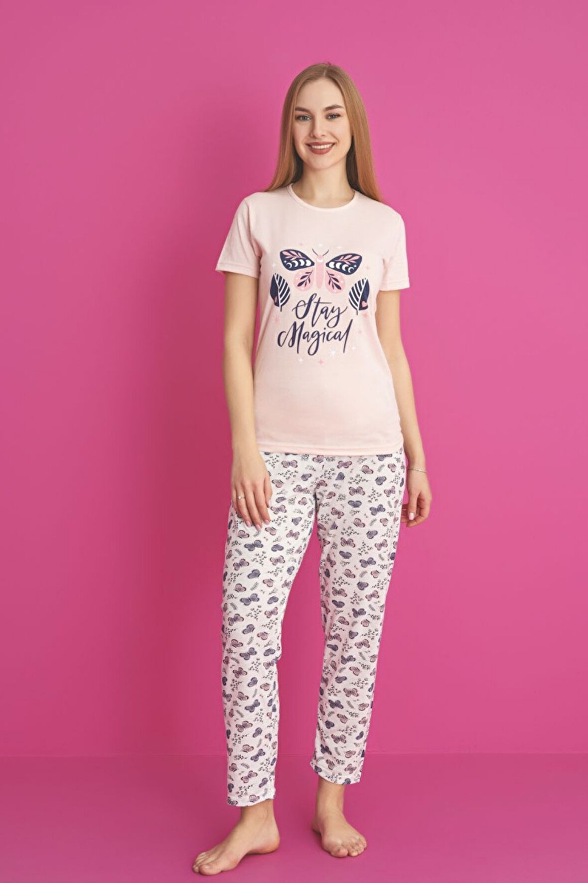 Dreamy Pamuklu Kelebek Desenli Kısa Kollu Pijama Takımı
