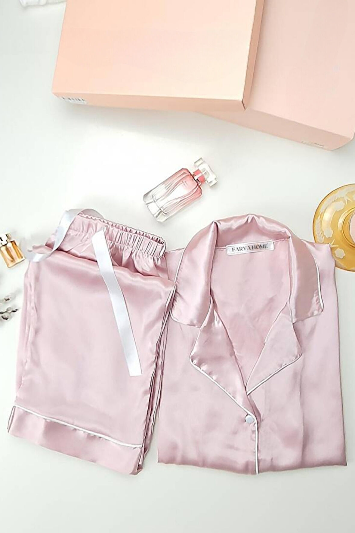 Faryanight İpek Saten Uzun Kollu Biyeli Düğmeli Gömlek Pijama Takımı