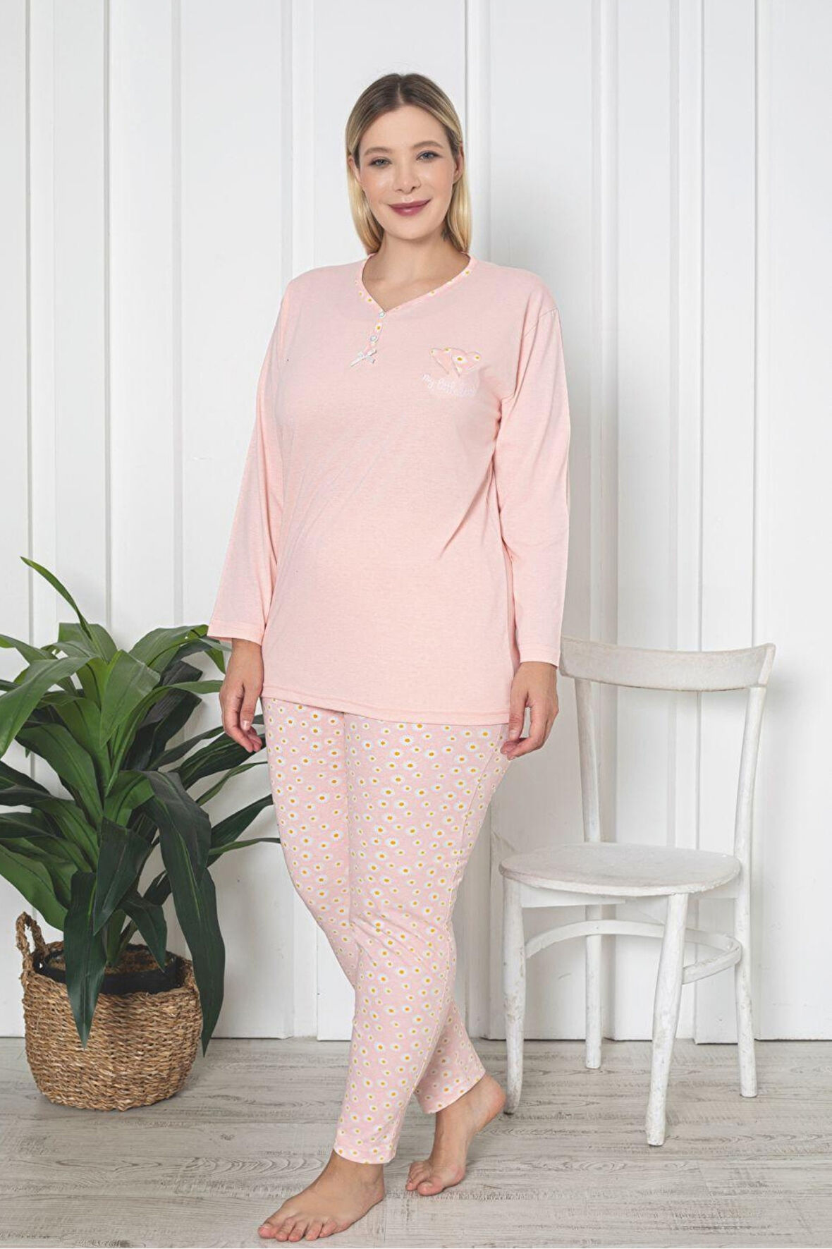 X-Dreamy Büyük Beden Pamuklu Desenli Uzun Kollu Pijama Takımı