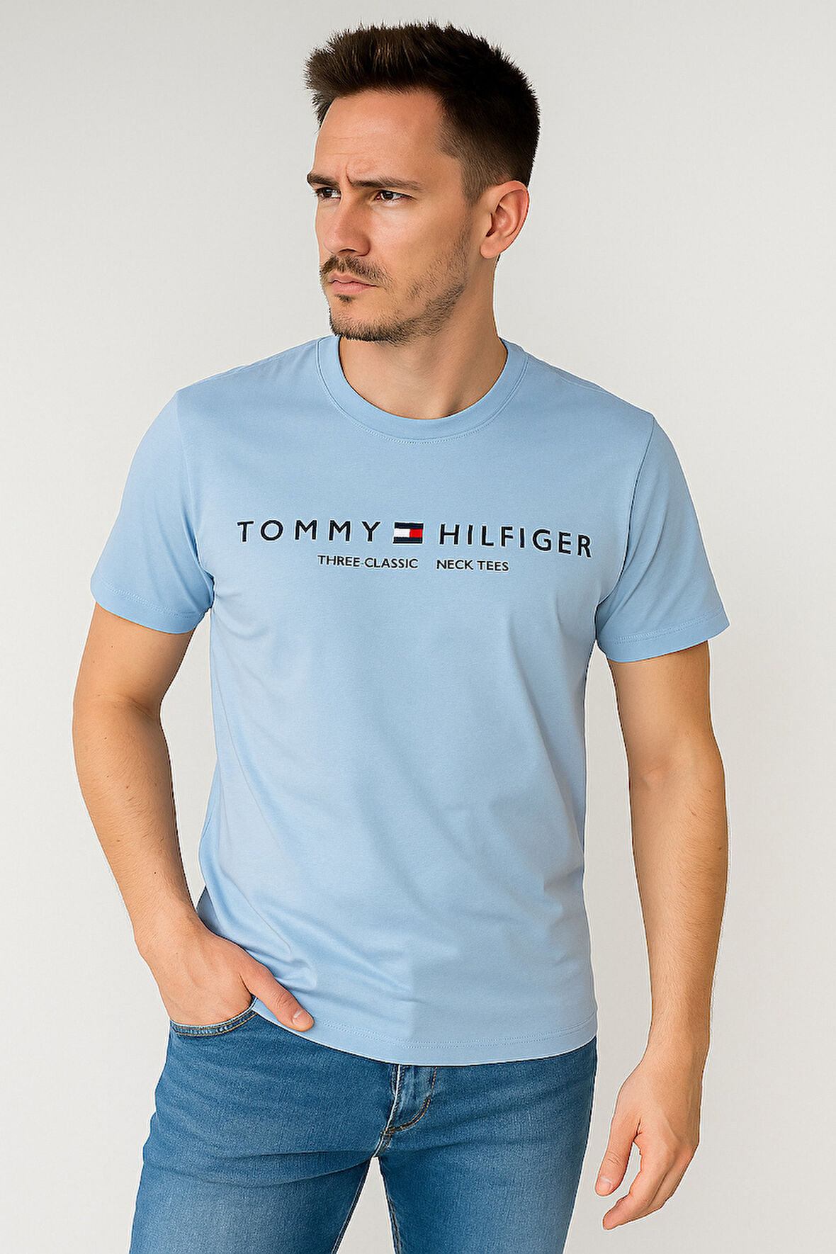 TOMMY HILFIGER EST BASKILI BİSİKLET YAKA PAMUK PENYE TSHİRT BEBE MAVİSİ