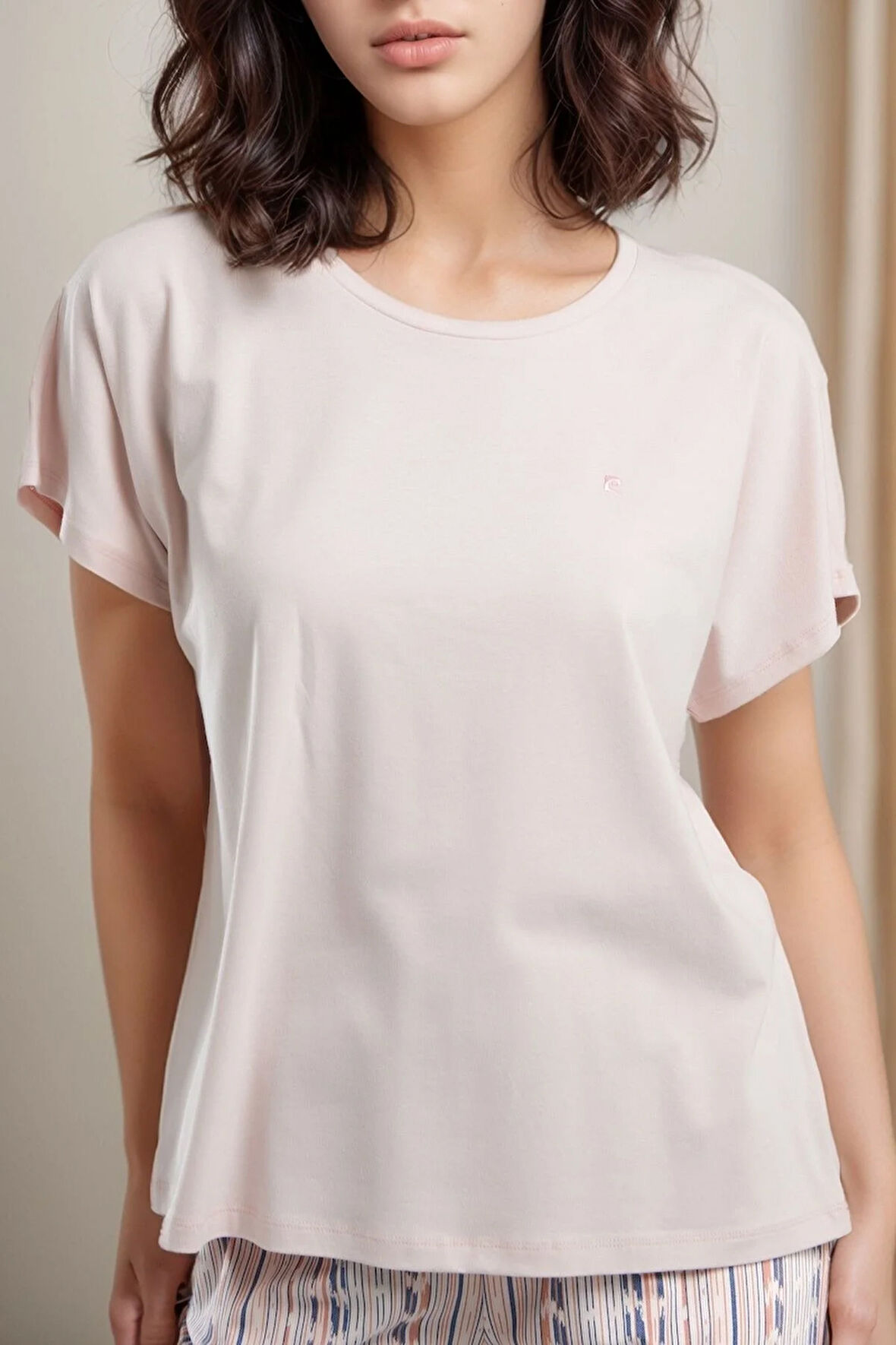 Kadın Pudra Kısa Kol Desenli Pamuklu Modal Pijama Takımı Q9P0K5C6K