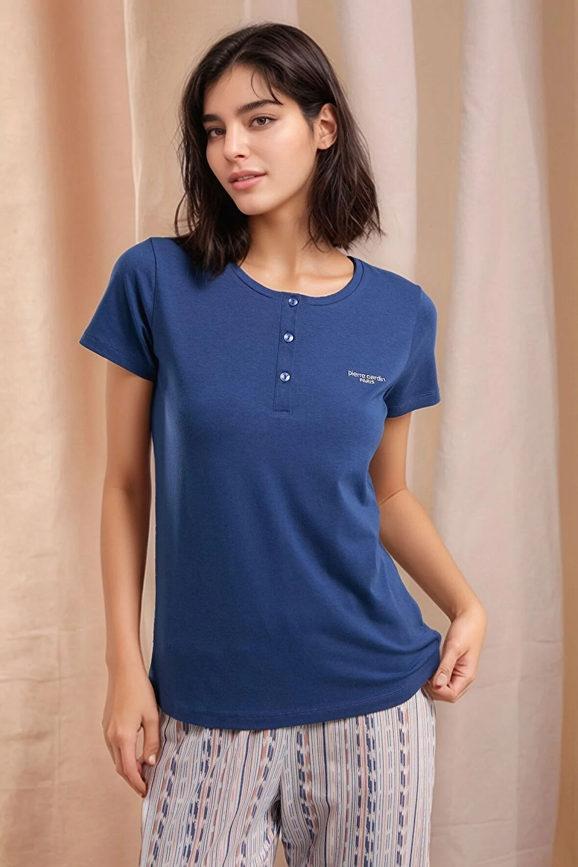 Kadın İndigo Kısa Kol Desenli Pamuklu Modal Pijama Takımı Q9P0K5C7K