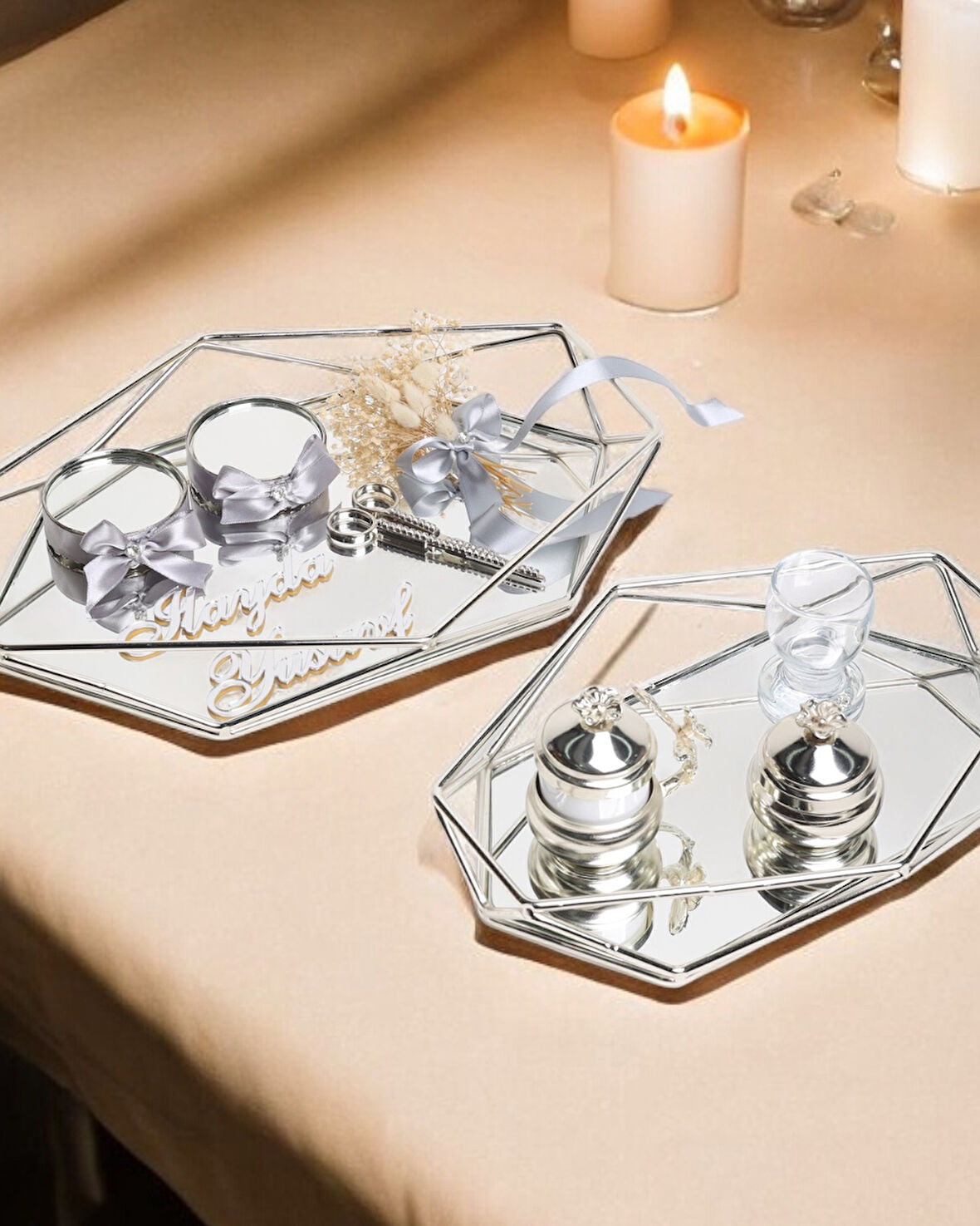 Elation Gümüş Prizma Söz Nişan Tepsisi ve Damat Kahve Fincan Tepsisi