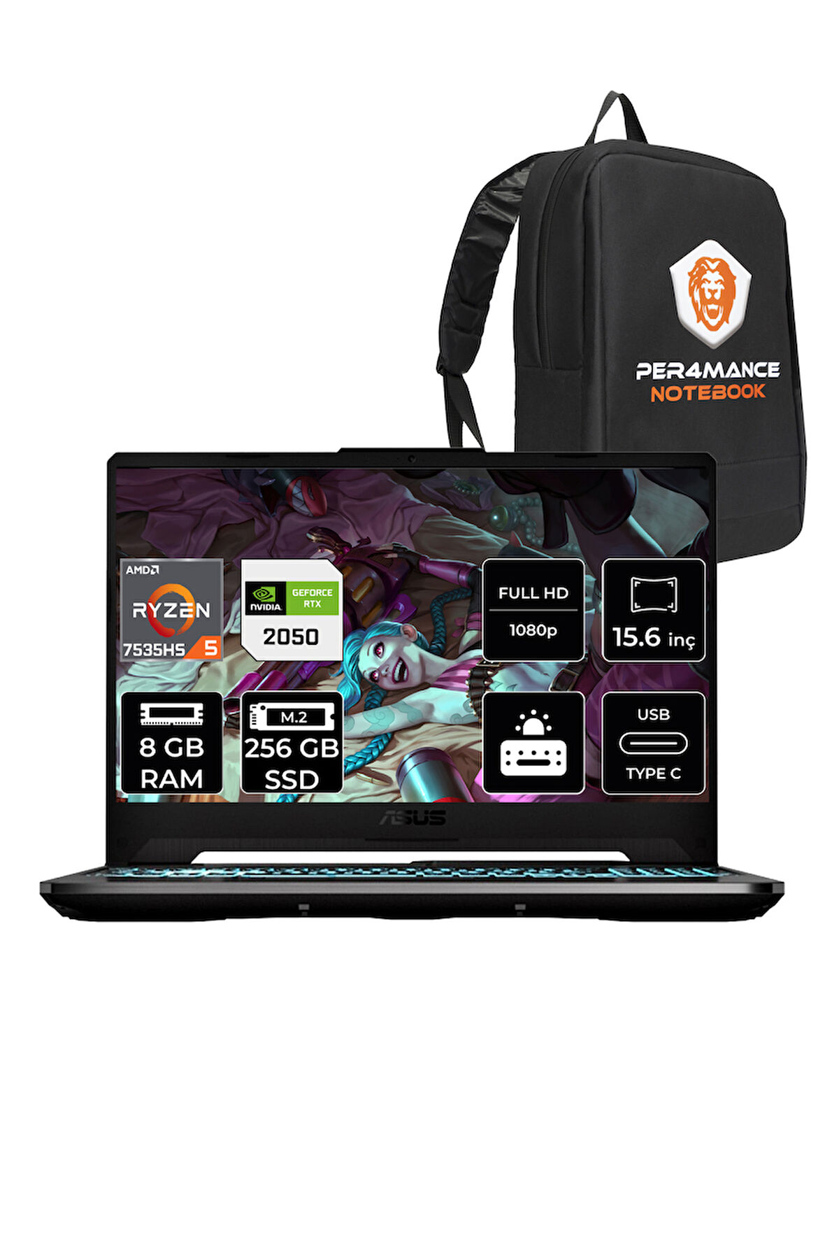 ASUS TUF Gaming A15 R5 7535HS 8GB 256GB SSD RTX2050/4GB 144Hz 15.6" FHD FDOS HN050 & PER4 ÇANTA