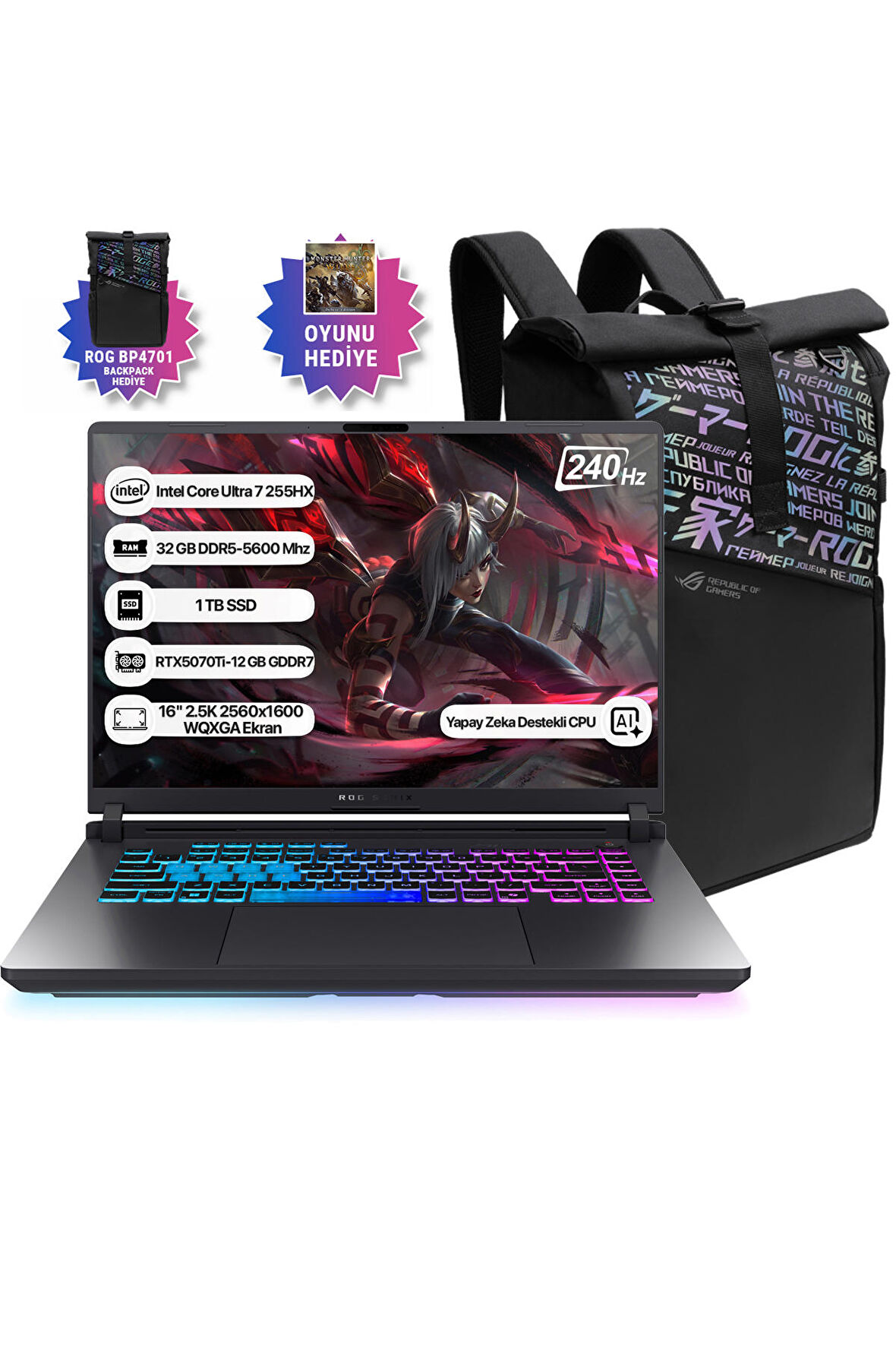 Asus Rog Strix G16 G614FR-S5111 Intel Core Ultra 7 255HX 32GB 1TB SSD NPU 13TOPS RTX5070Ti-12GB Freedos 16" 2.5K 240Hz WQXGA Taşınabilir Bilgisayar