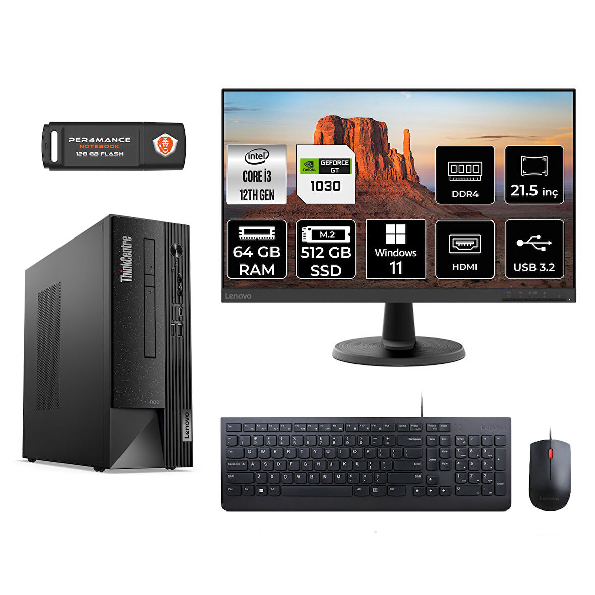 LENOVO Neo 50S M02VTXD597 i3 12100 64GB RAM 512GB SSD GT1030 4GB 21.5" W11P MASAÜSTÜ PC