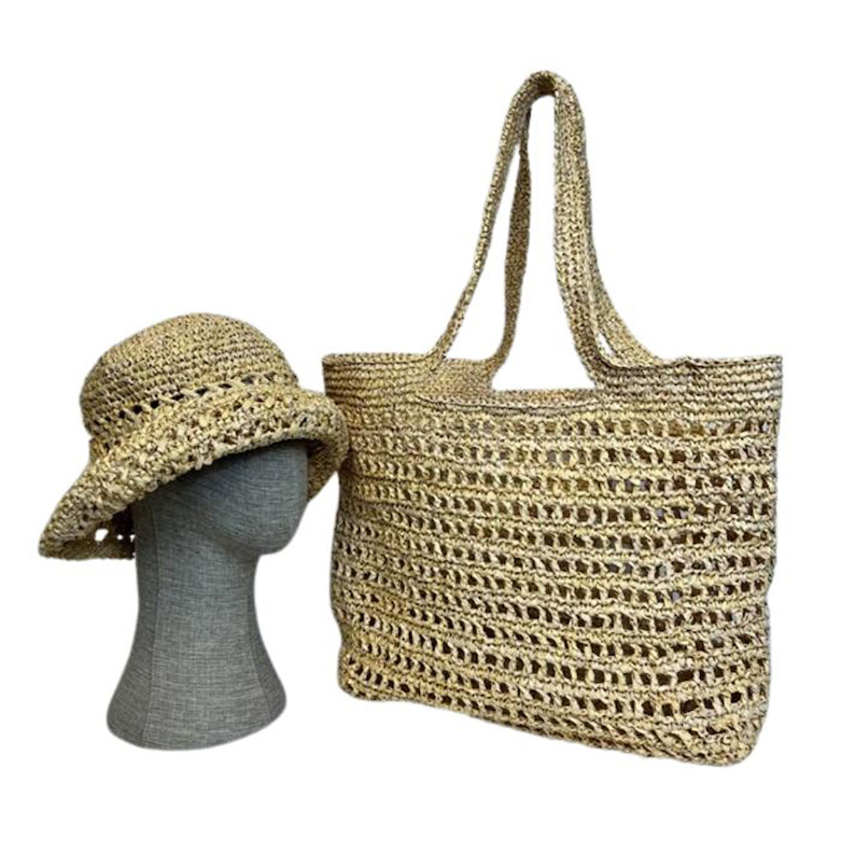 Uretti - Necla 4345 8391 El Yapımı Rafya İp Şapka ve File Model Omuz Çantası - 45 cm x 30 cm - Bej