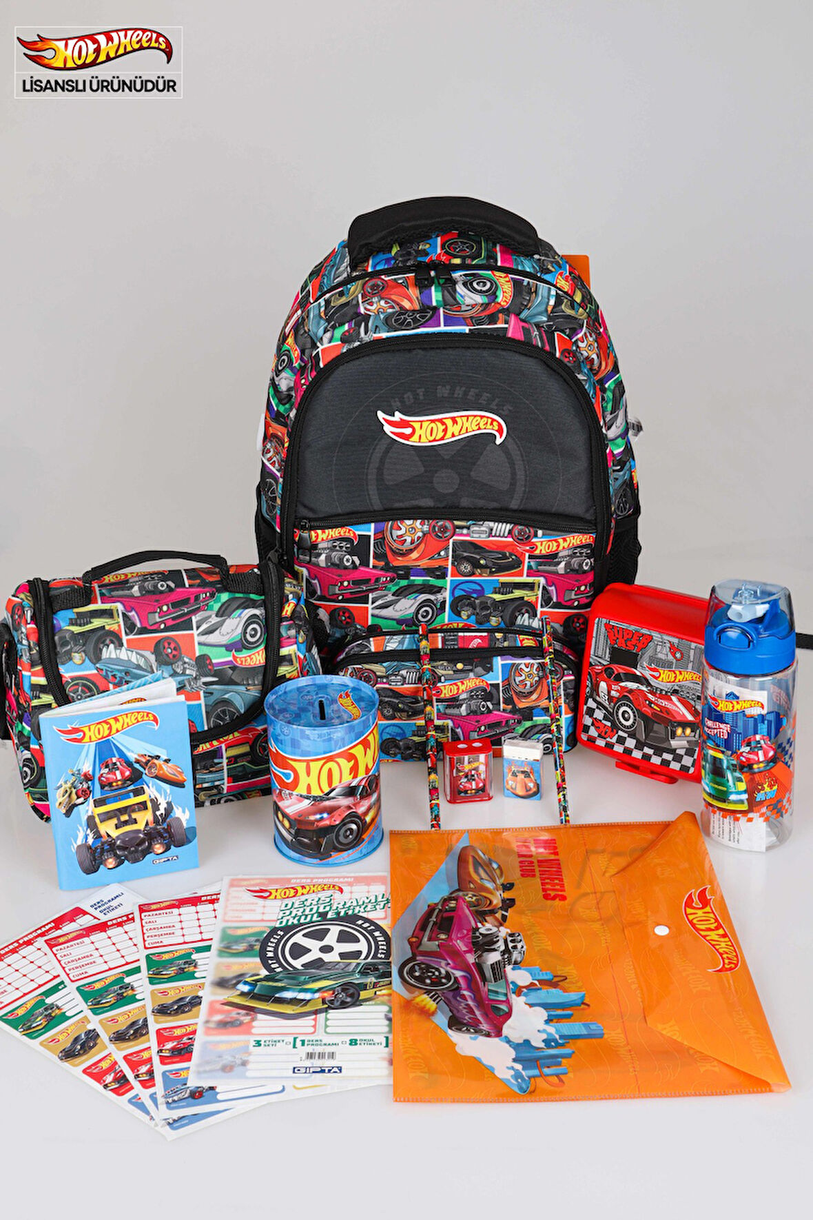 DEKOMUS İLE LİSANSLI HOT WHEELS OKUL,BESLENME VE KALEM ÇANTASI İLE BESLENME KABI KIRTASİYE SETİ ÇITÇIT DOSYA,KALEM,SİLGİ,KUMBARA,KALEMTRAŞ,RESİM DEFTERİ,OKUL ETİKETİ